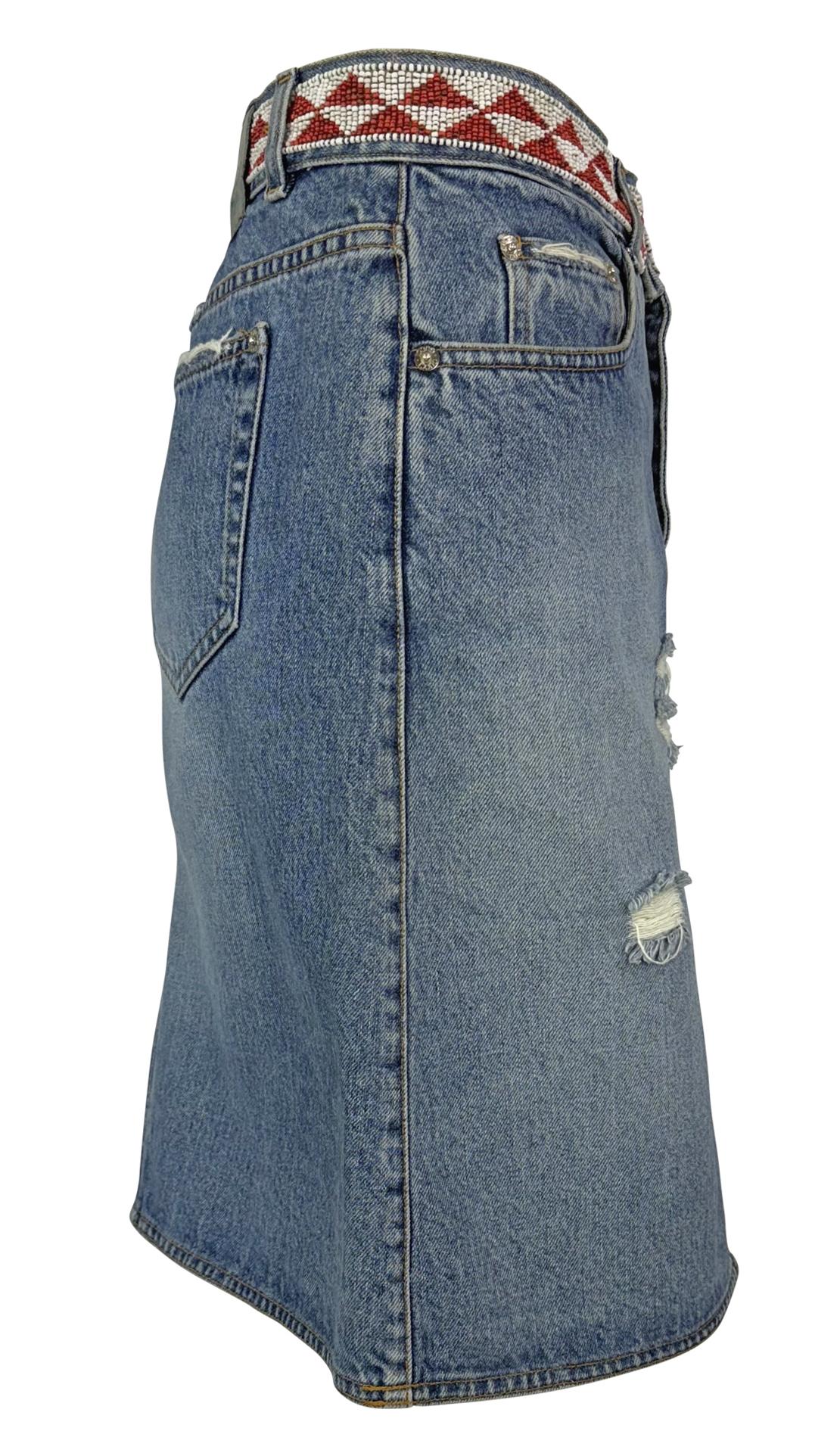 S/S 1999 Gucci by Tom Ford Distressed Denim Beaded Midi Skirt - RealList