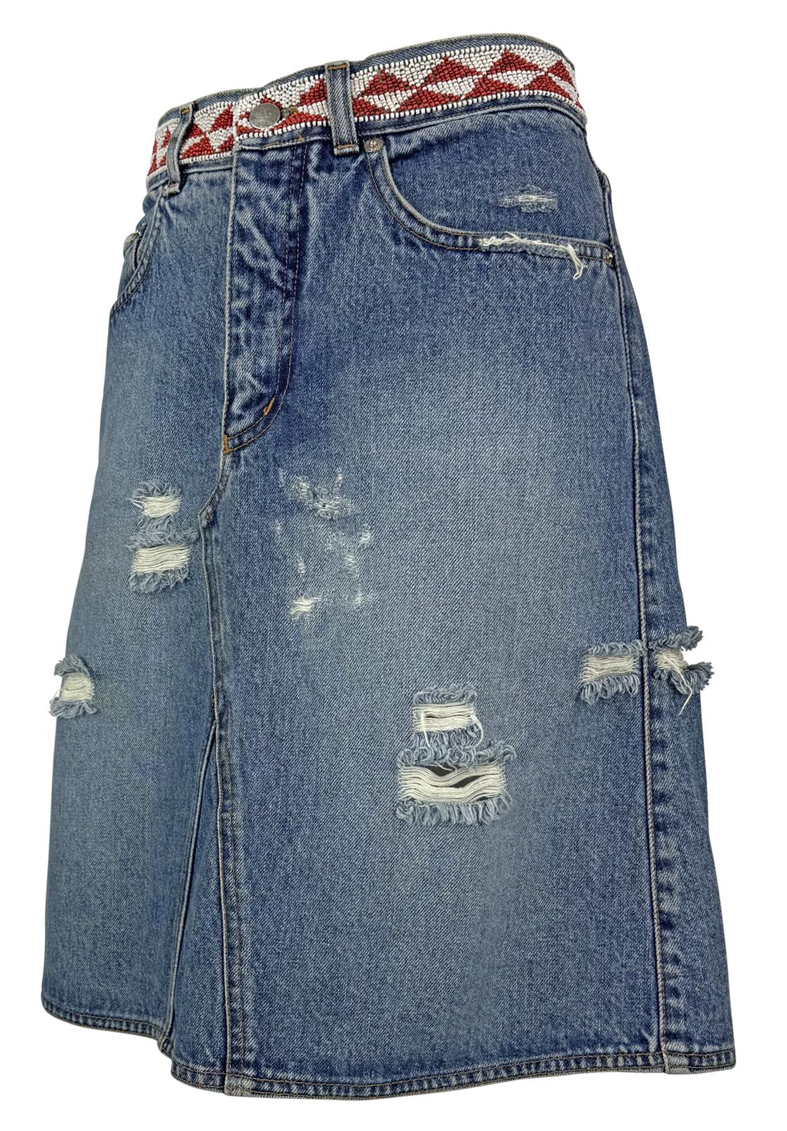 S/S 1999 Gucci by Tom Ford Distressed Denim Beaded Midi Skirt - RealList