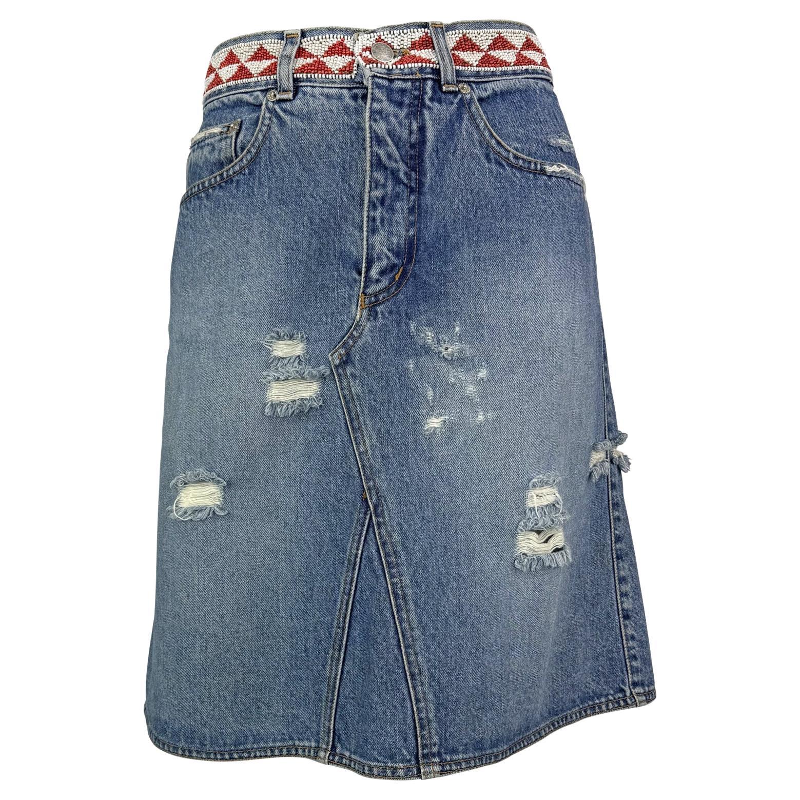 S/S 1999 Gucci by Tom Ford Distressed Denim Beaded Midi Skirt - RealList