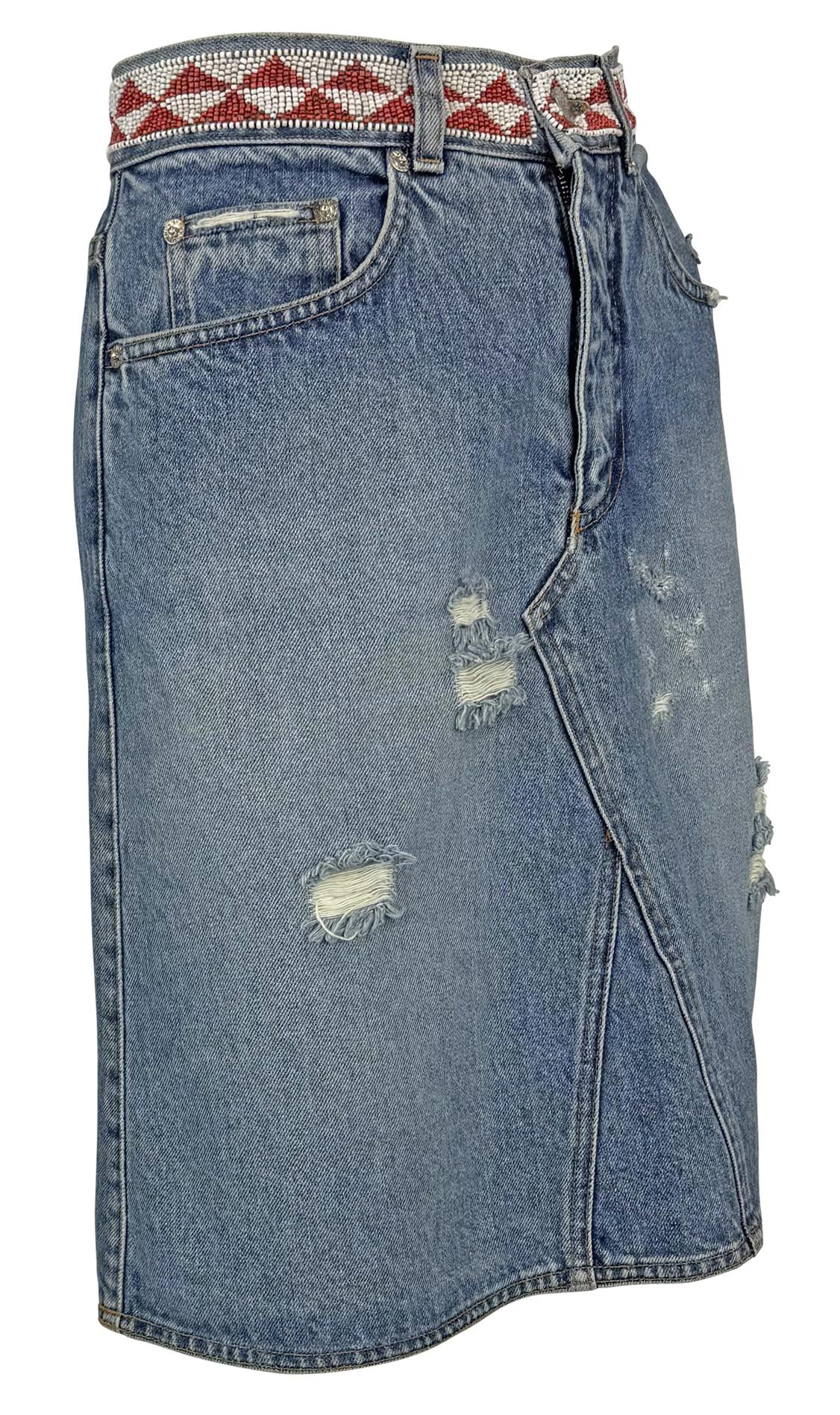 S/S 1999 Gucci by Tom Ford Distressed Denim Beaded Midi Skirt - RealList