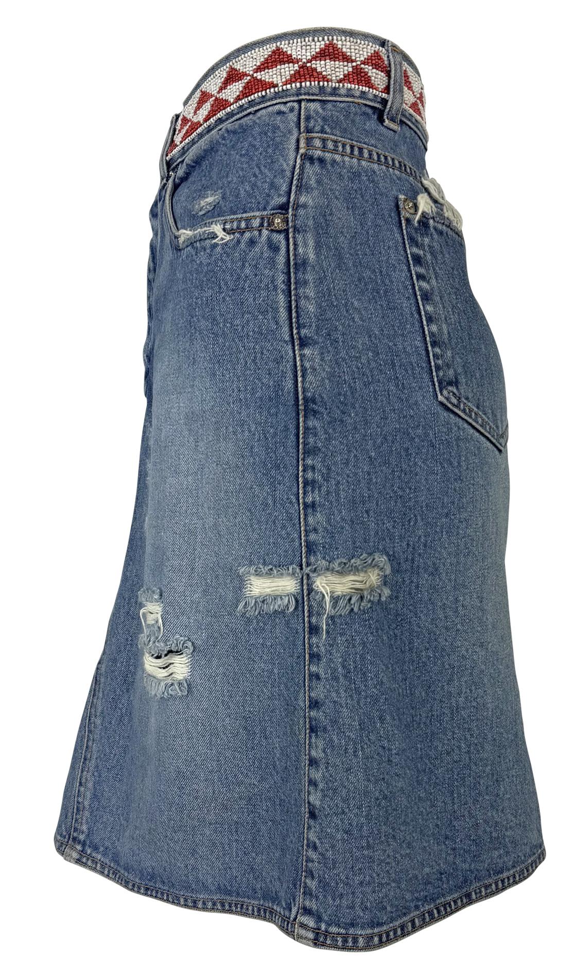 S/S 1999 Gucci by Tom Ford Distressed Denim Beaded Midi Skirt - RealList