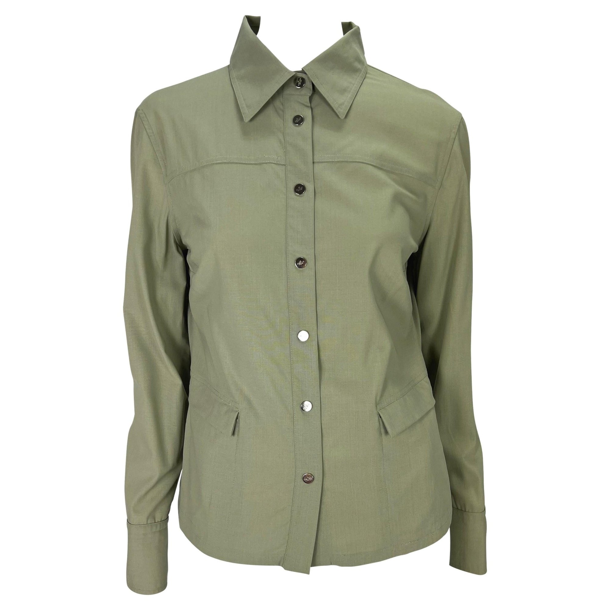 S/S 1999 Gucci by Tom Ford Logo Snap Khaki Pocket Blouse Sample - RealList