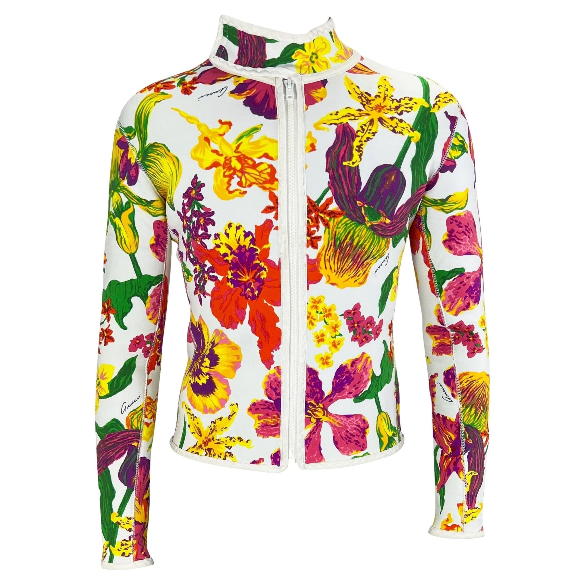S/S 1999 Gucci by Tom Ford Men's Runway Ad White Floral Neoprene Scuba Jacket - RealList