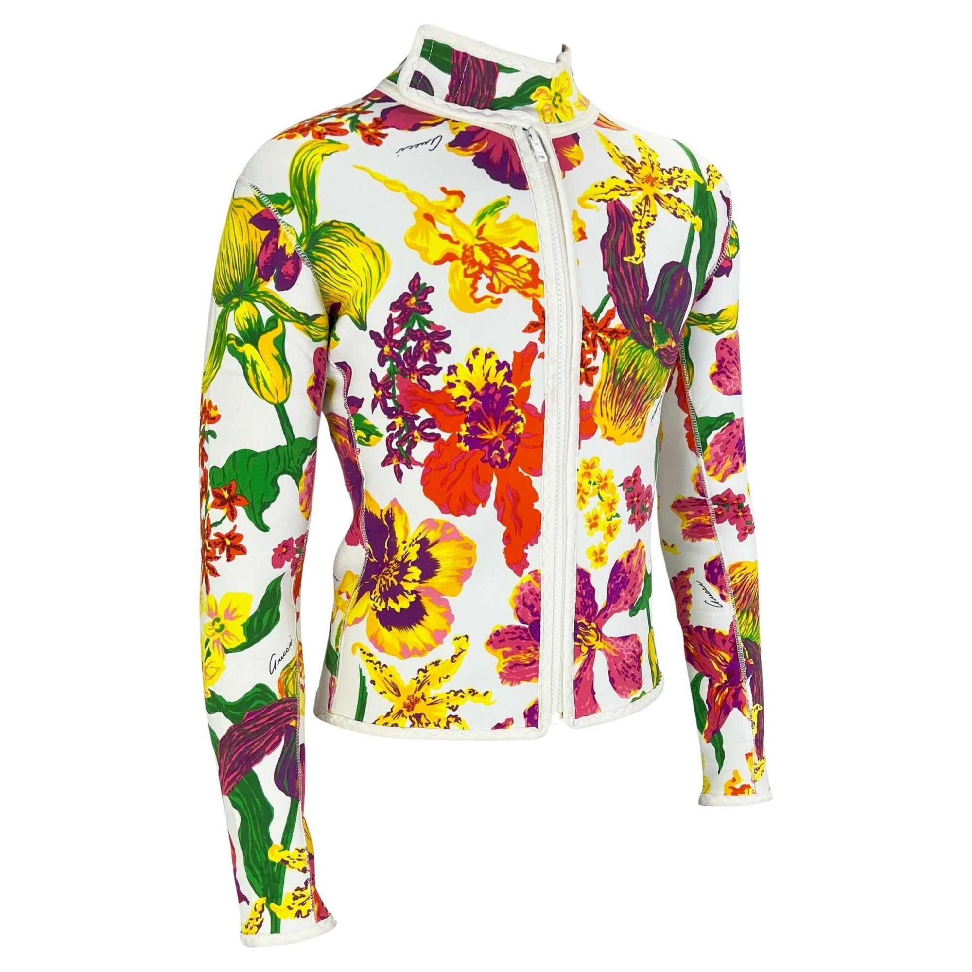 S/S 1999 Gucci by Tom Ford Men's Runway Ad White Floral Neoprene Scuba Jacket - RealList