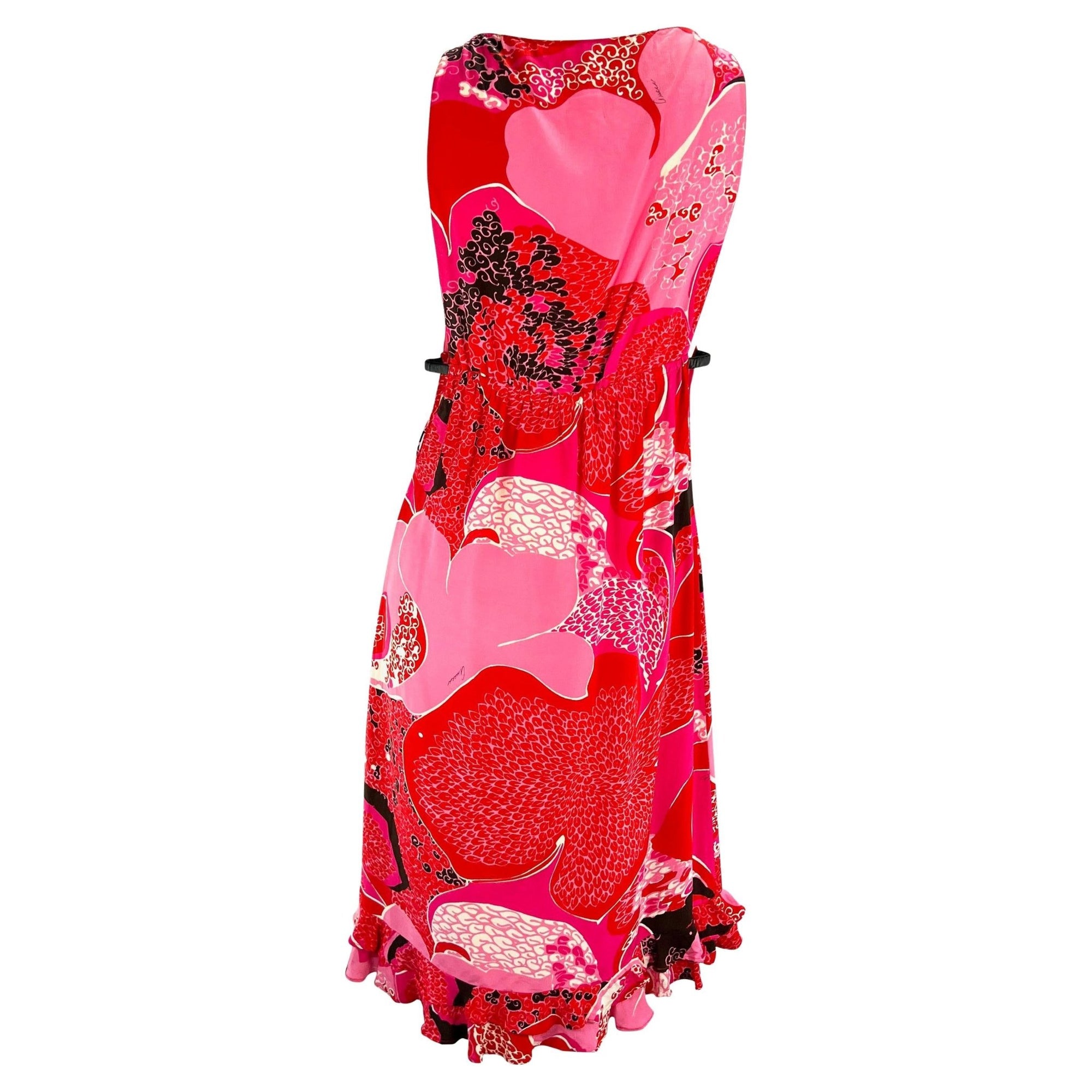 S/S 1999 Gucci by Tom Ford Pink 'Acid Flower' Silk Leather Strap Dress Runway - RealList