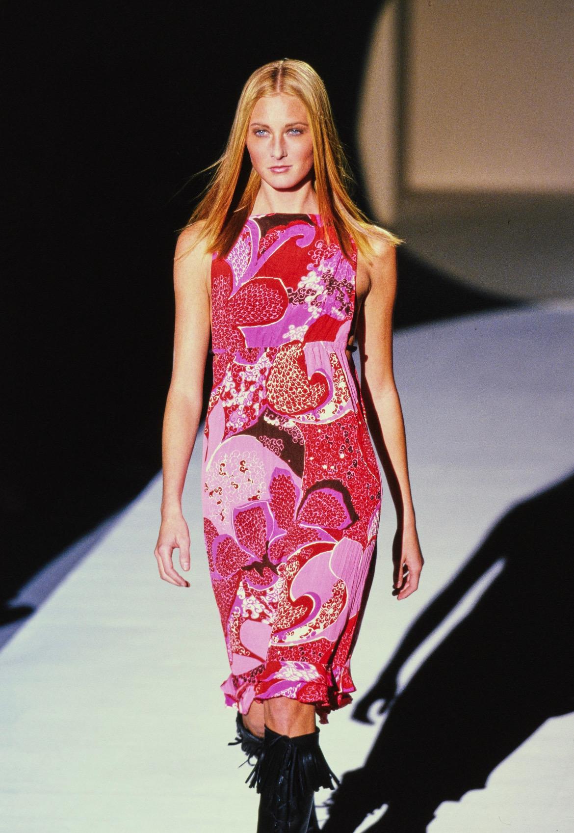 S/S 1999 Gucci by Tom Ford Pink 'Acid Flower' Silk Leather Strap Dress Runway - RealList