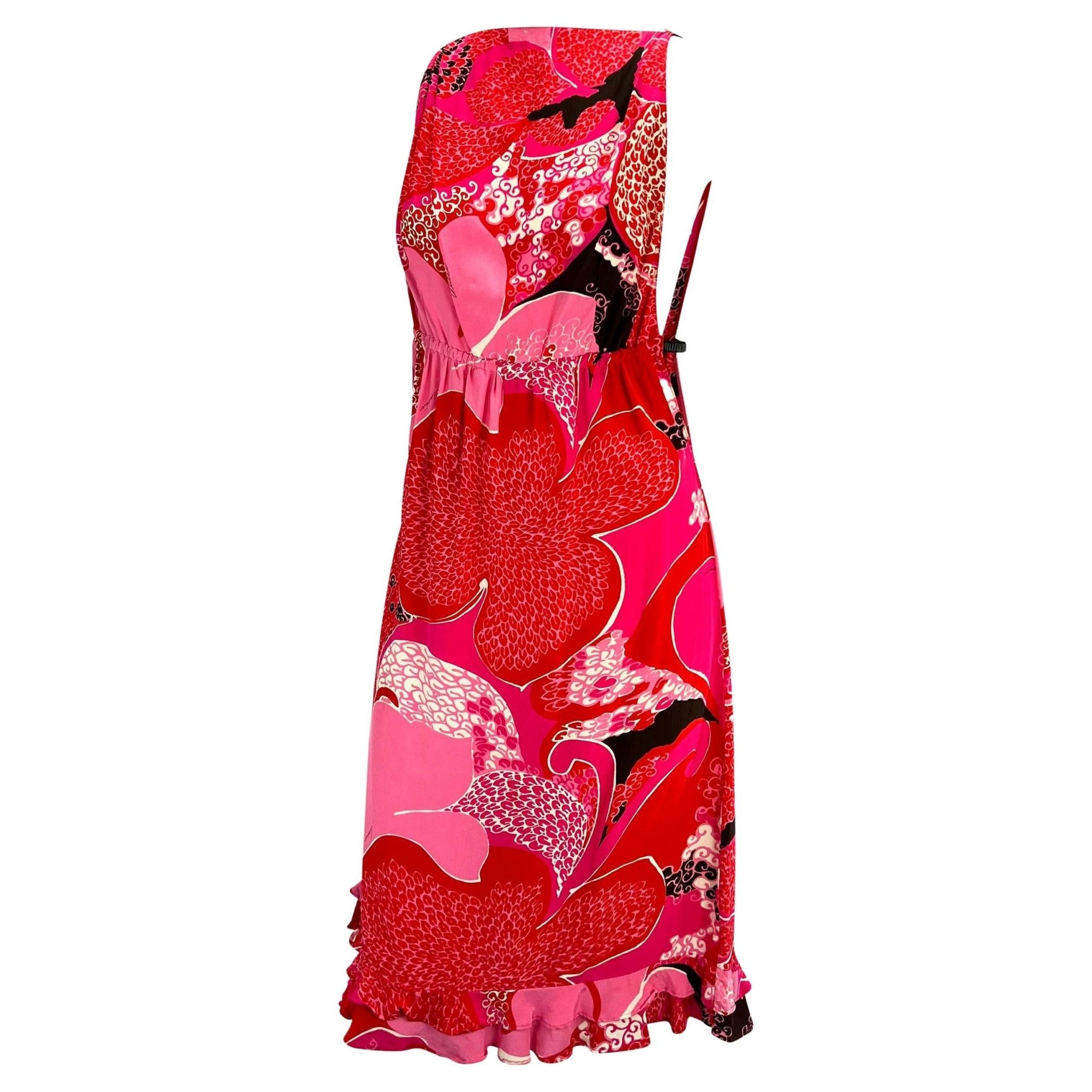 S/S 1999 Gucci by Tom Ford Pink 'Acid Flower' Silk Leather Strap Dress Runway - RealList