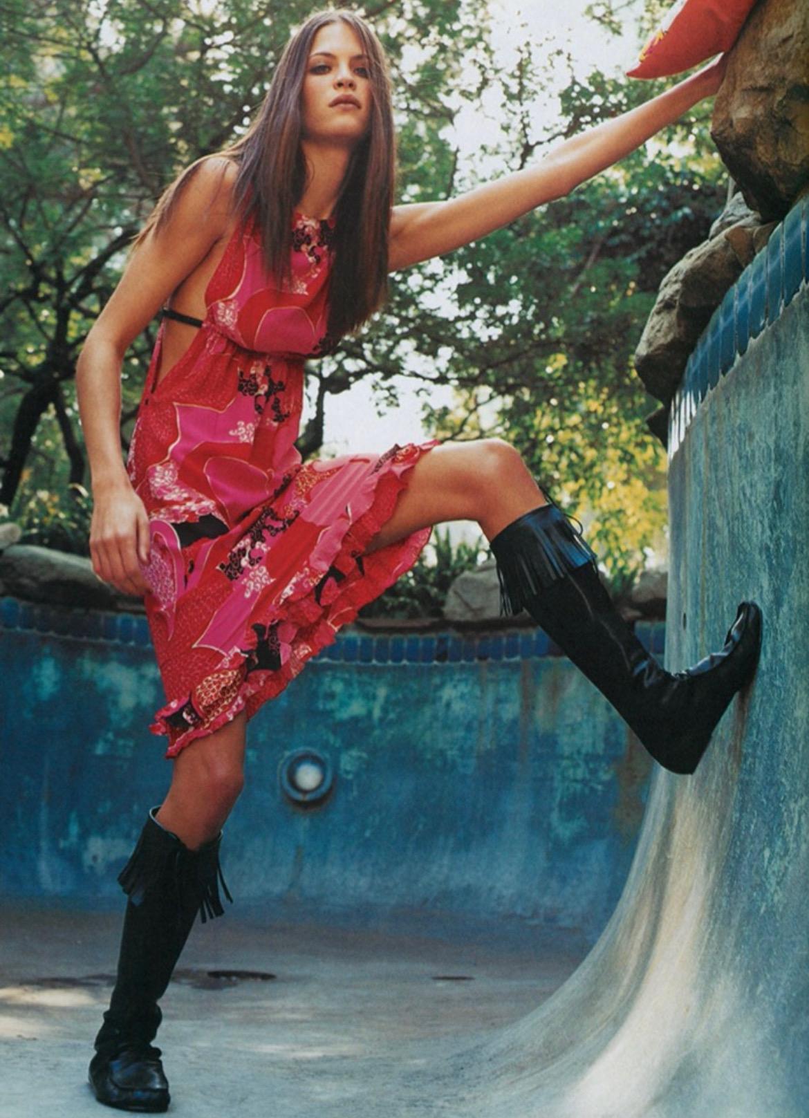 S/S 1999 Gucci by Tom Ford Pink 'Acid Flower' Silk Leather Strap Dress Runway - RealList