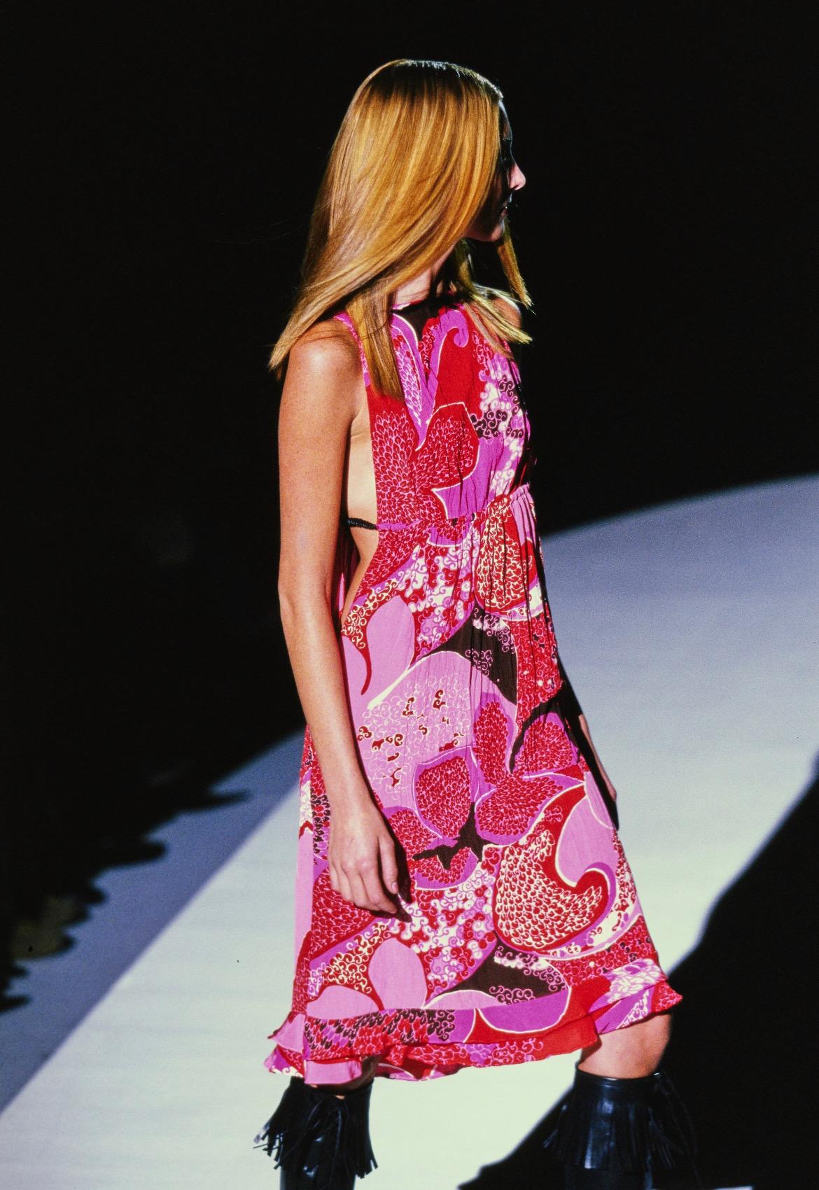 S/S 1999 Gucci by Tom Ford Pink 'Acid Flower' Silk Leather Strap Dress Runway - RealList