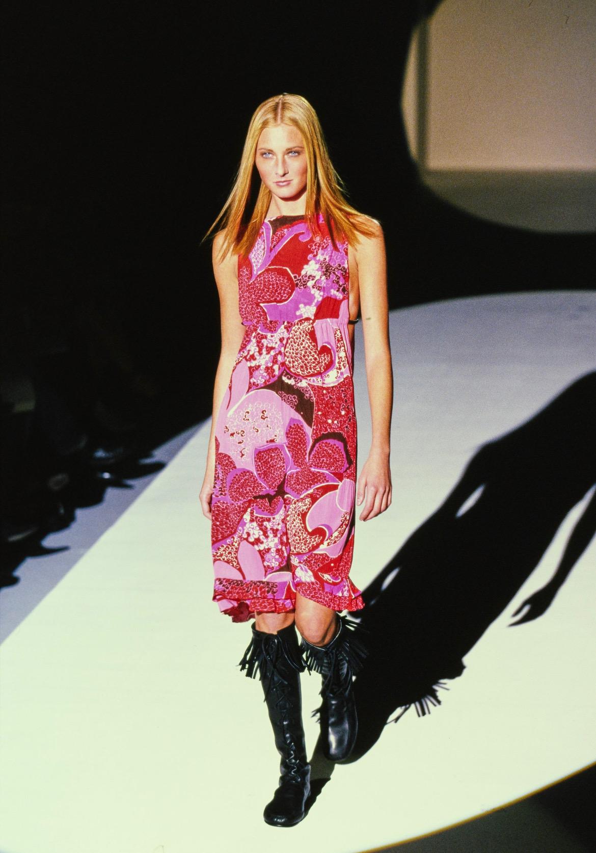 S/S 1999 Gucci by Tom Ford Pink 'Acid Flower' Silk Leather Strap Dress Runway - RealList