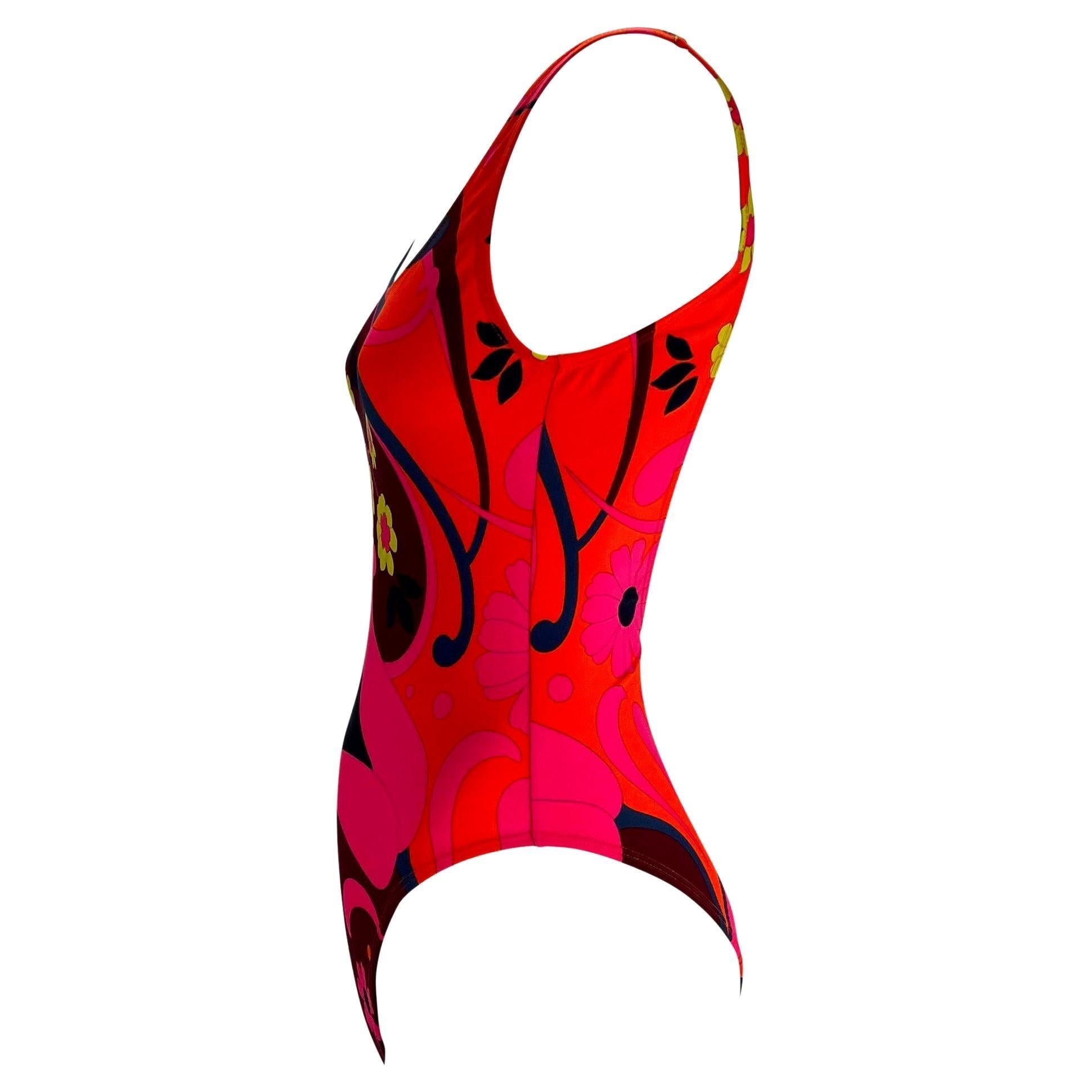 S/S 1999 Gucci by Tom Ford Pink Orange Psychedelic Floral One Piece Swimsuit - RealList
