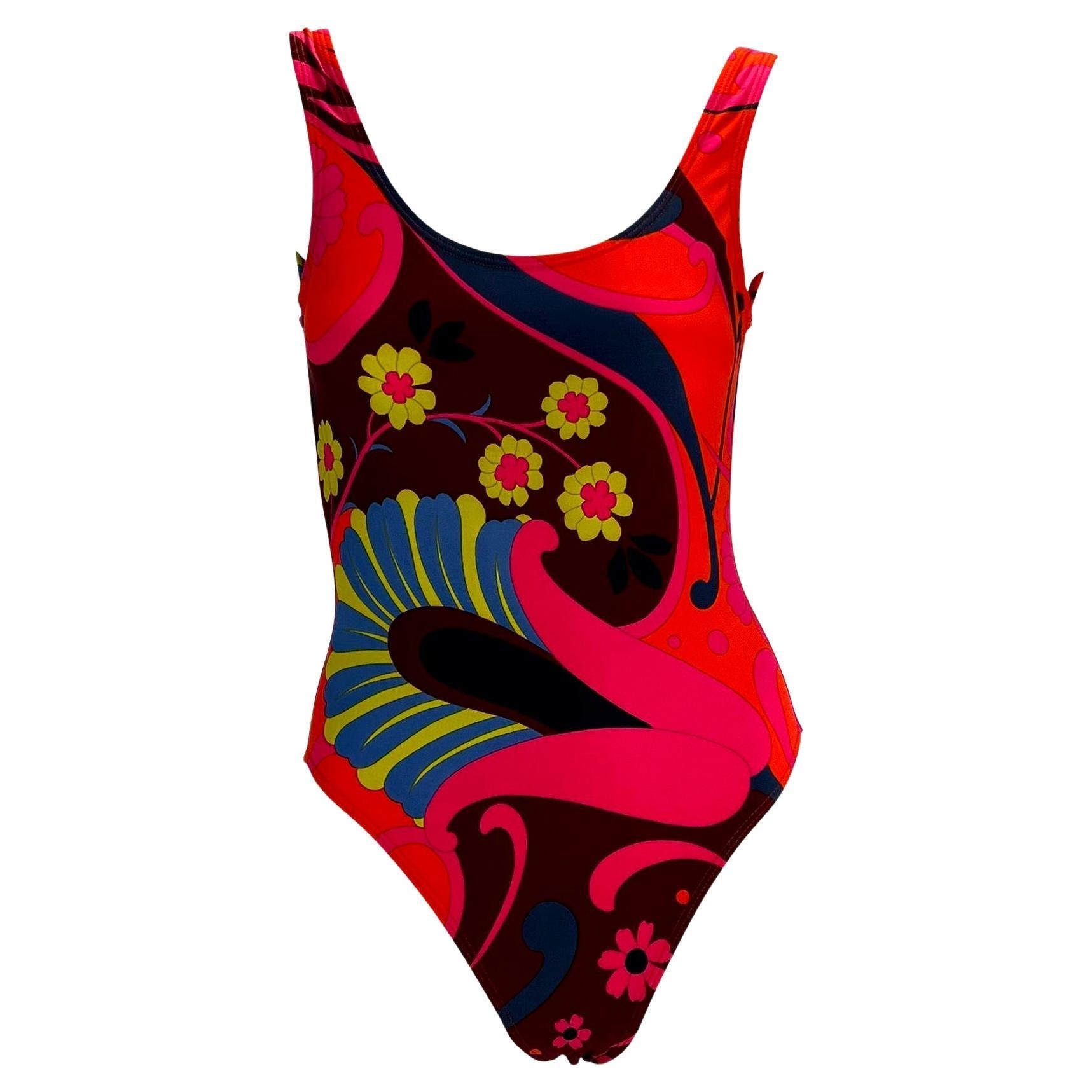 S/S 1999 Gucci by Tom Ford Pink Orange Psychedelic Floral One Piece Swimsuit - RealList