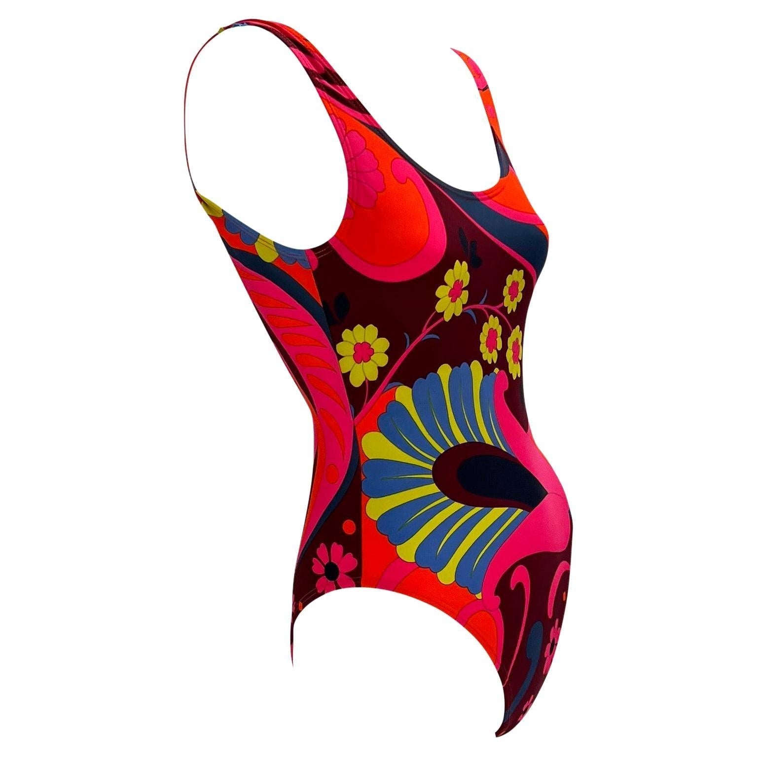 S/S 1999 Gucci by Tom Ford Pink Orange Psychedelic Floral One Piece Swimsuit - RealList