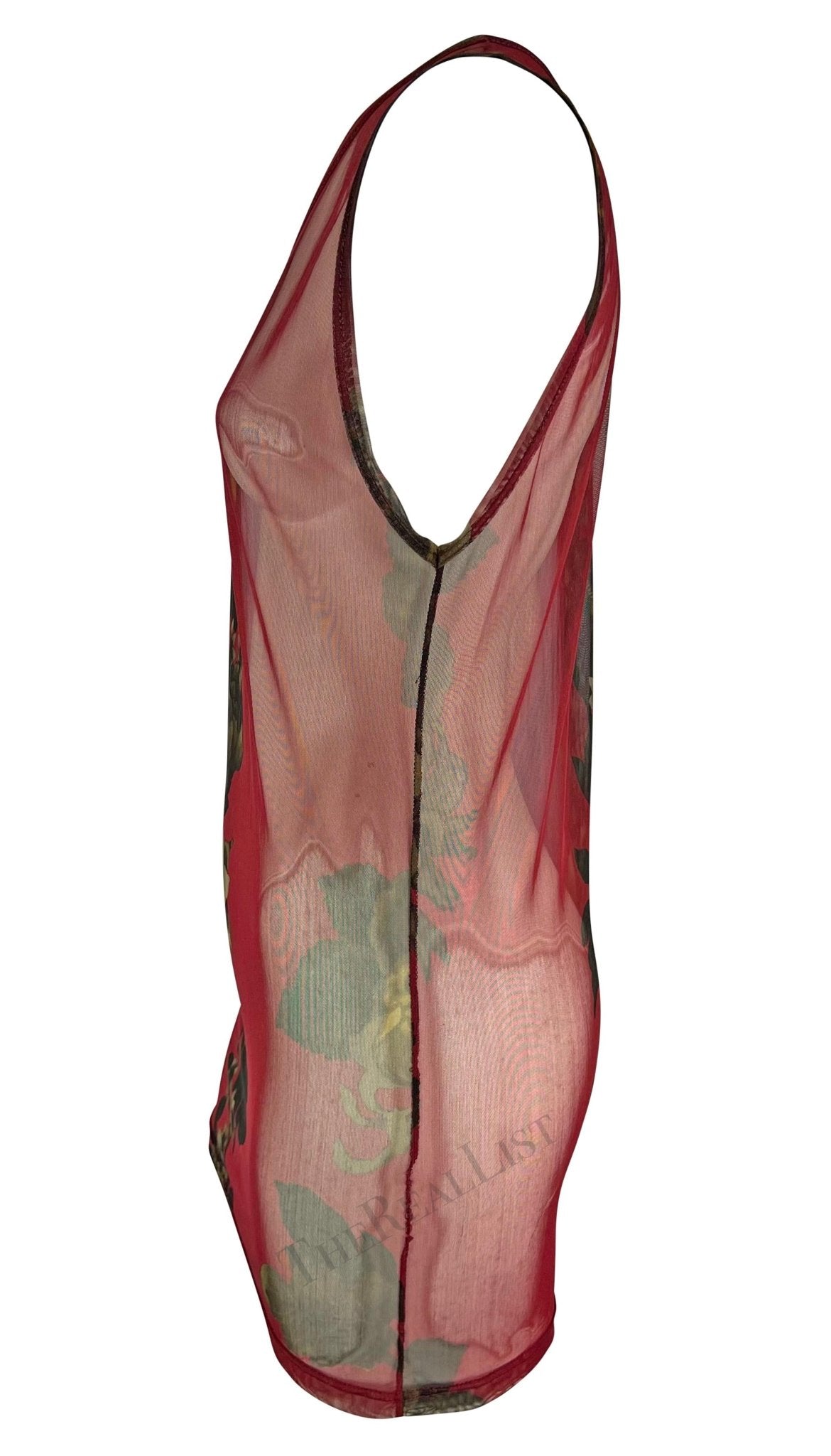 S/S 1999 Gucci by Tom Ford Red Floral Sheer Men's Burgundy Tank Top Mini Dress - RealList