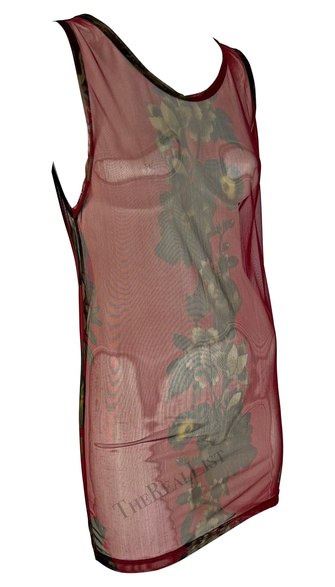 S/S 1999 Gucci by Tom Ford Red Floral Sheer Men's Burgundy Tank Top Mini Dress - RealList