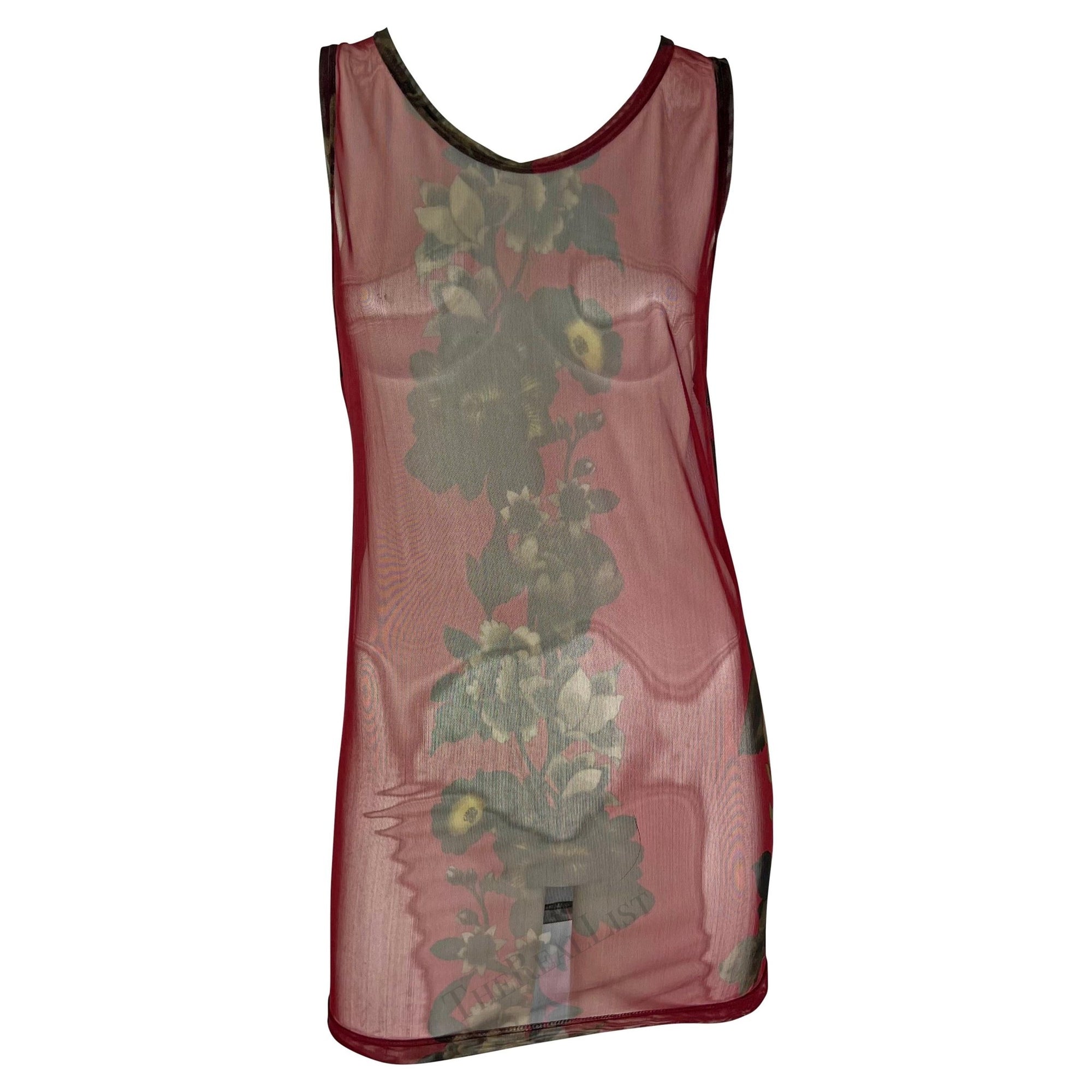 S/S 1999 Gucci by Tom Ford Red Floral Sheer Men's Burgundy Tank Top Mini Dress - RealList