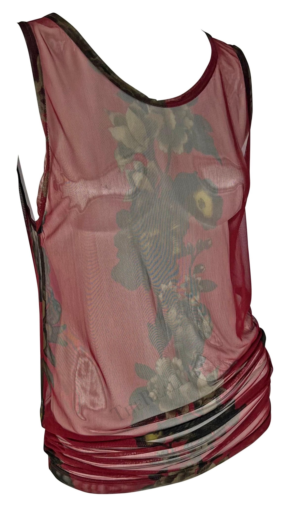 S/S 1999 Gucci by Tom Ford Red Floral Sheer Men's Burgundy Tank Top Mini Dress - RealList