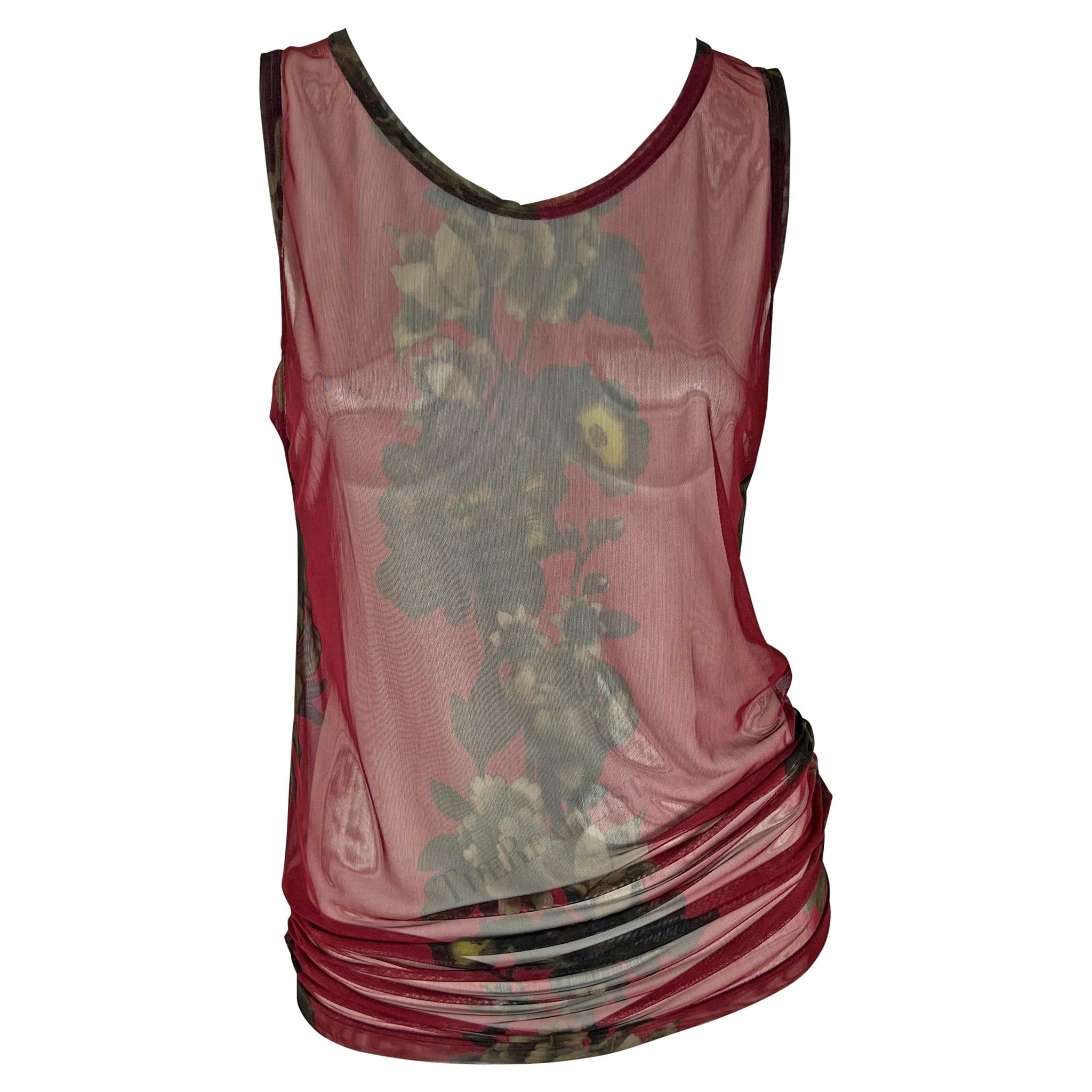 S/S 1999 Gucci by Tom Ford Red Floral Sheer Men's Burgundy Tank Top Mini Dress - RealList