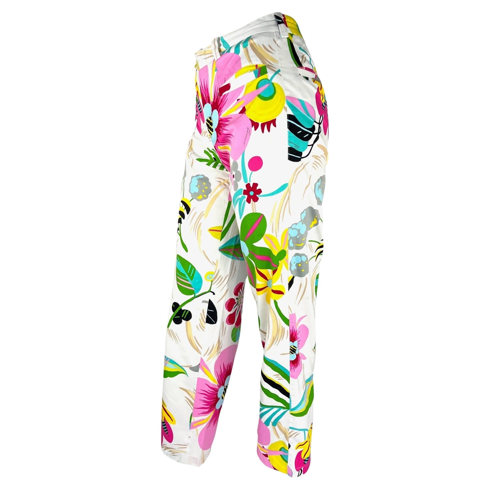 S/S 1999 Gucci by Tom Ford Runway Ad Acid Flower White Print Cotton Pants - RealList