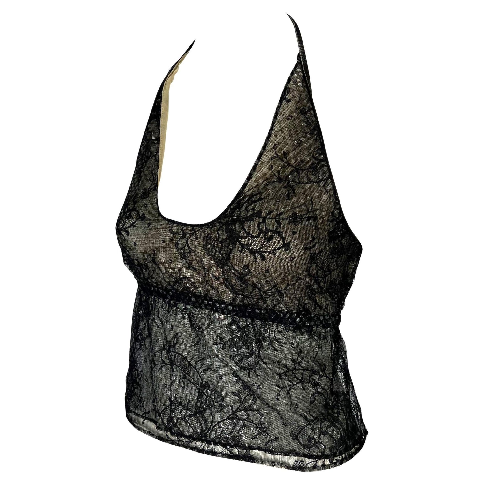 S/S 1999 Gucci by Tom Ford Runway Backless Sheer Floral Lace Leather Crop Top - RealList