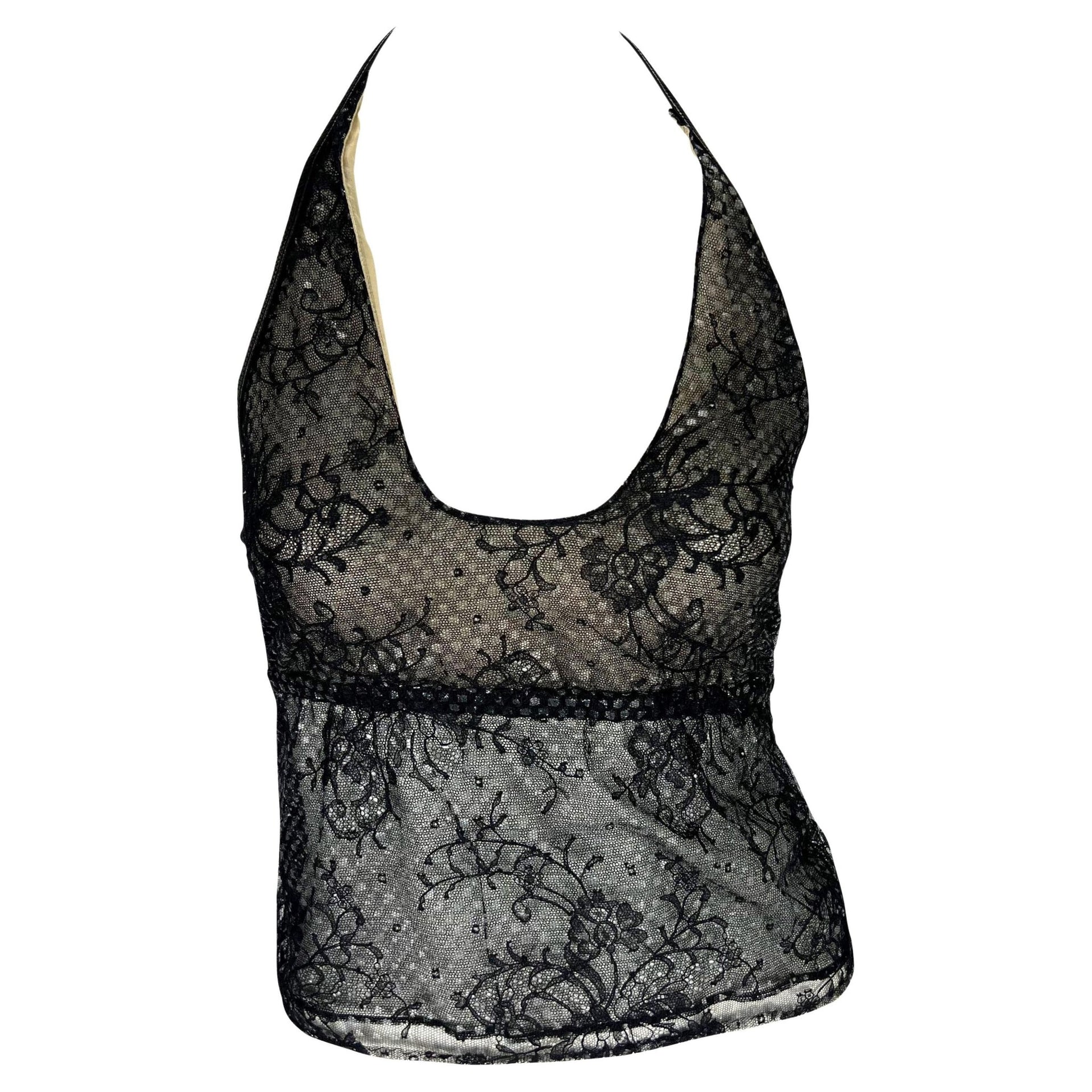 S/S 1999 Gucci by Tom Ford Runway Backless Sheer Floral Lace Leather Crop Top - RealList