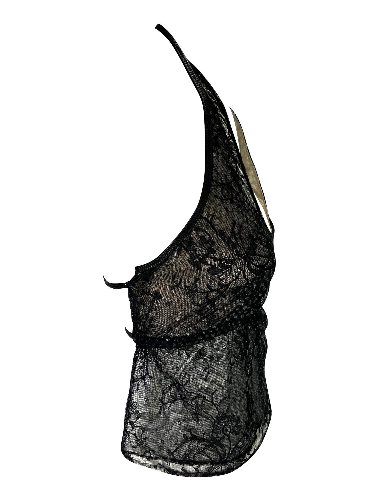 S/S 1999 Gucci by Tom Ford Runway Backless Sheer Floral Lace Leather Crop Top - RealList