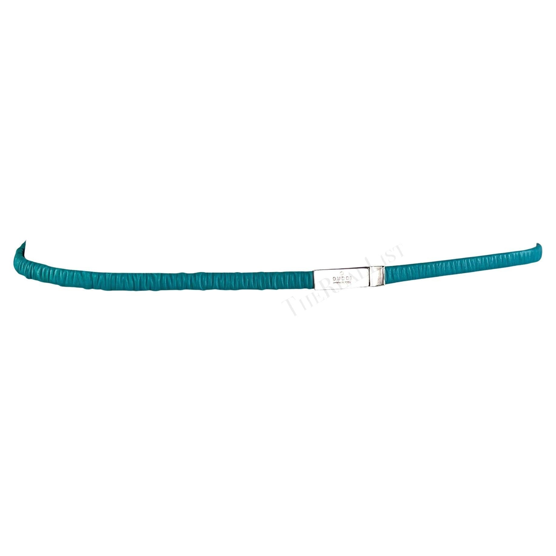 S/S 1999 Gucci by Tom Ford Runway Elasticized Teal Leather Logo Thin Belt - RealList