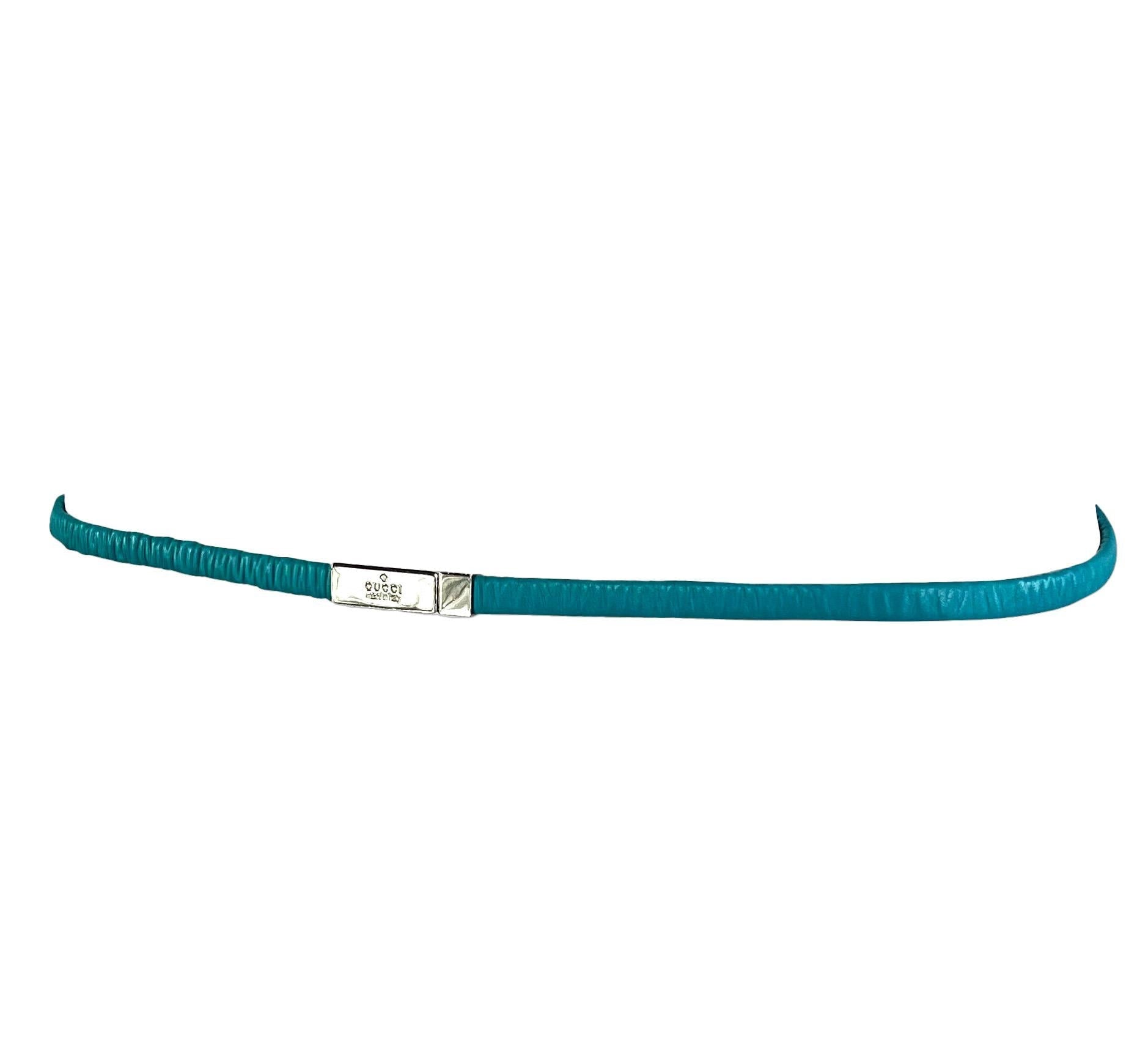 S/S 1999 Gucci by Tom Ford Runway Elasticized Teal Leather Logo Thin Belt - RealList