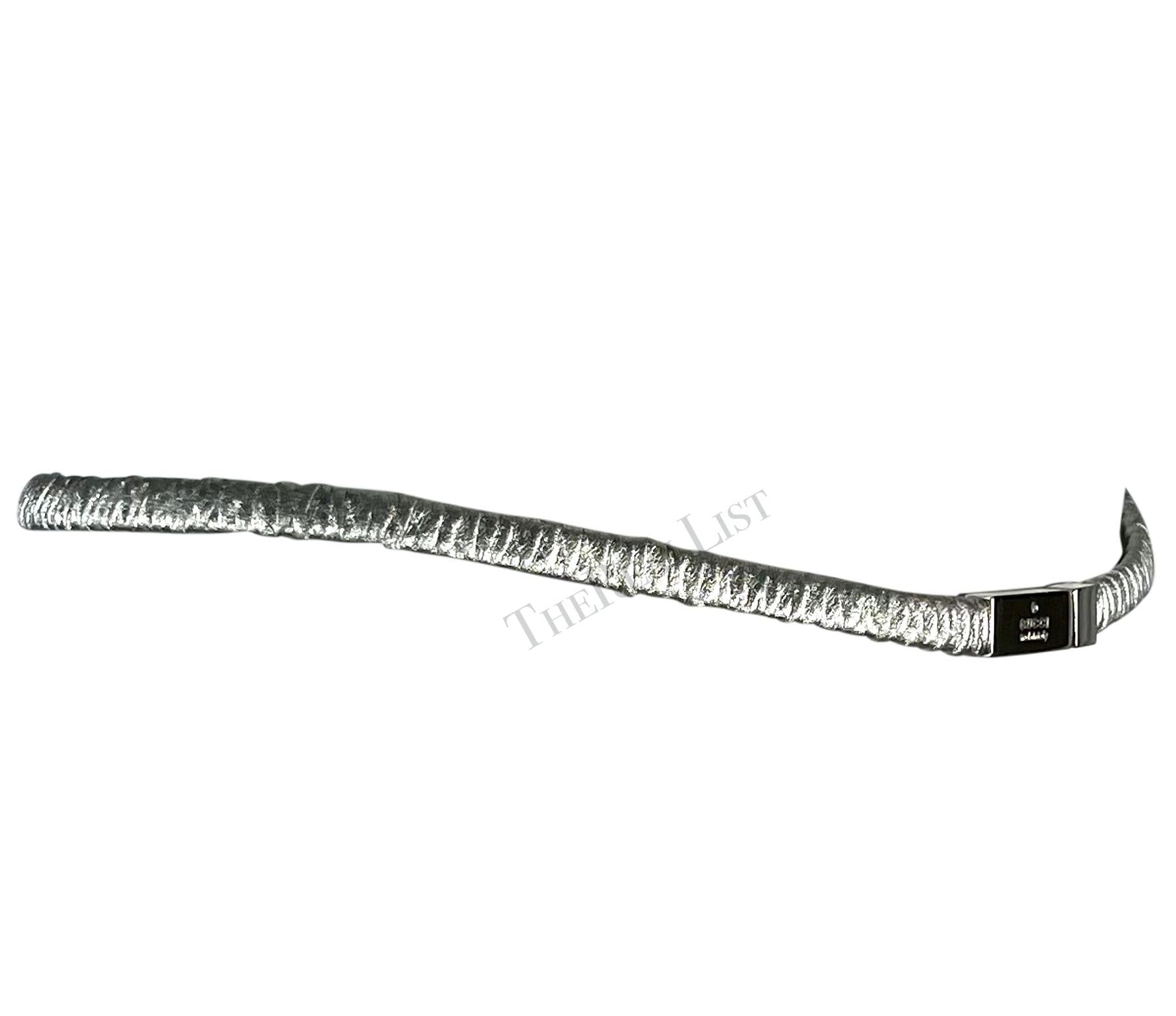 S/S 1999 Gucci by Tom Ford Runway Silver Elasticized Leather Logo Thin Belt - RealList