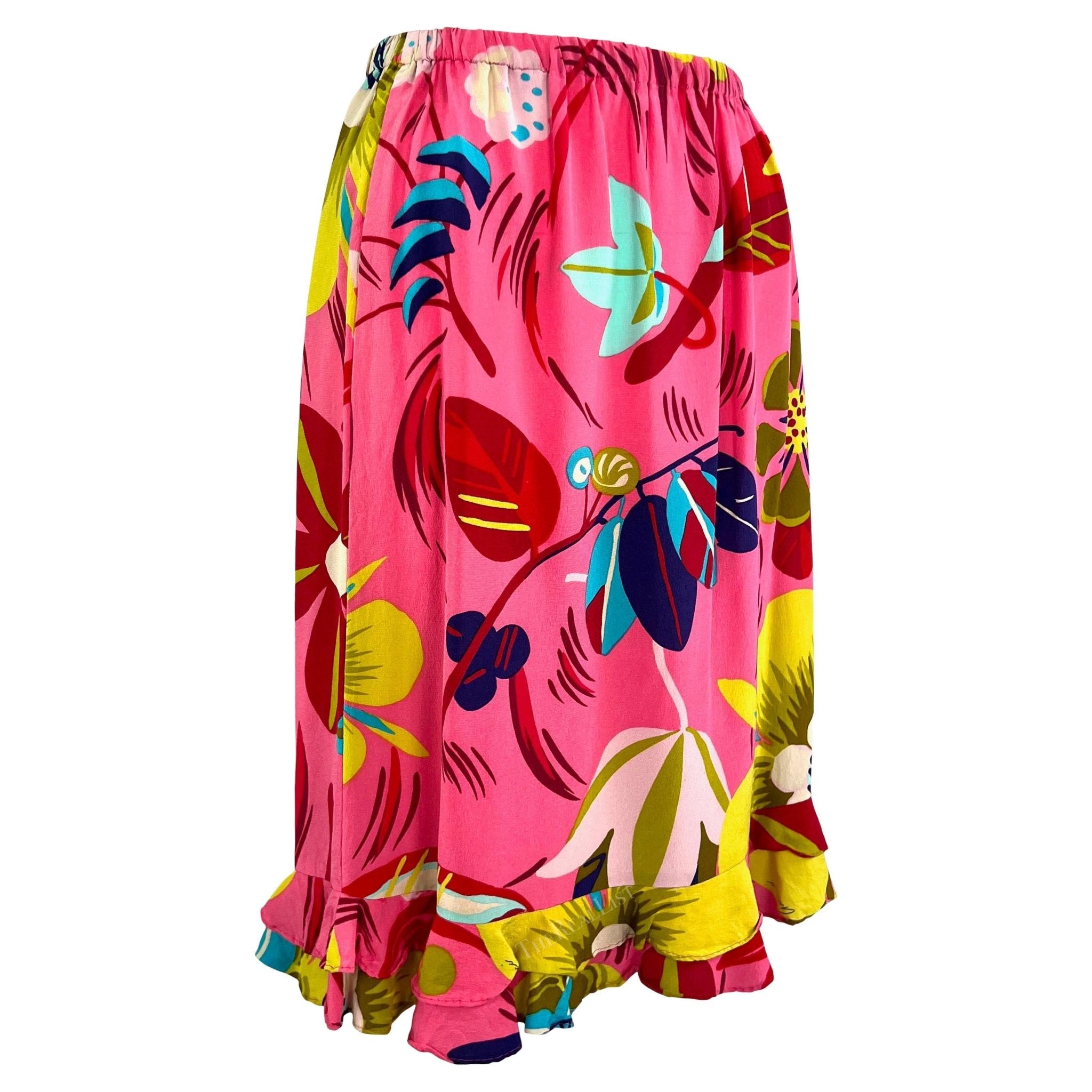 S/S 1999 Gucci by Tom Ford Vegas Hippy Runway Pink Silk Acid Floral Ruffle Skirt - RealList