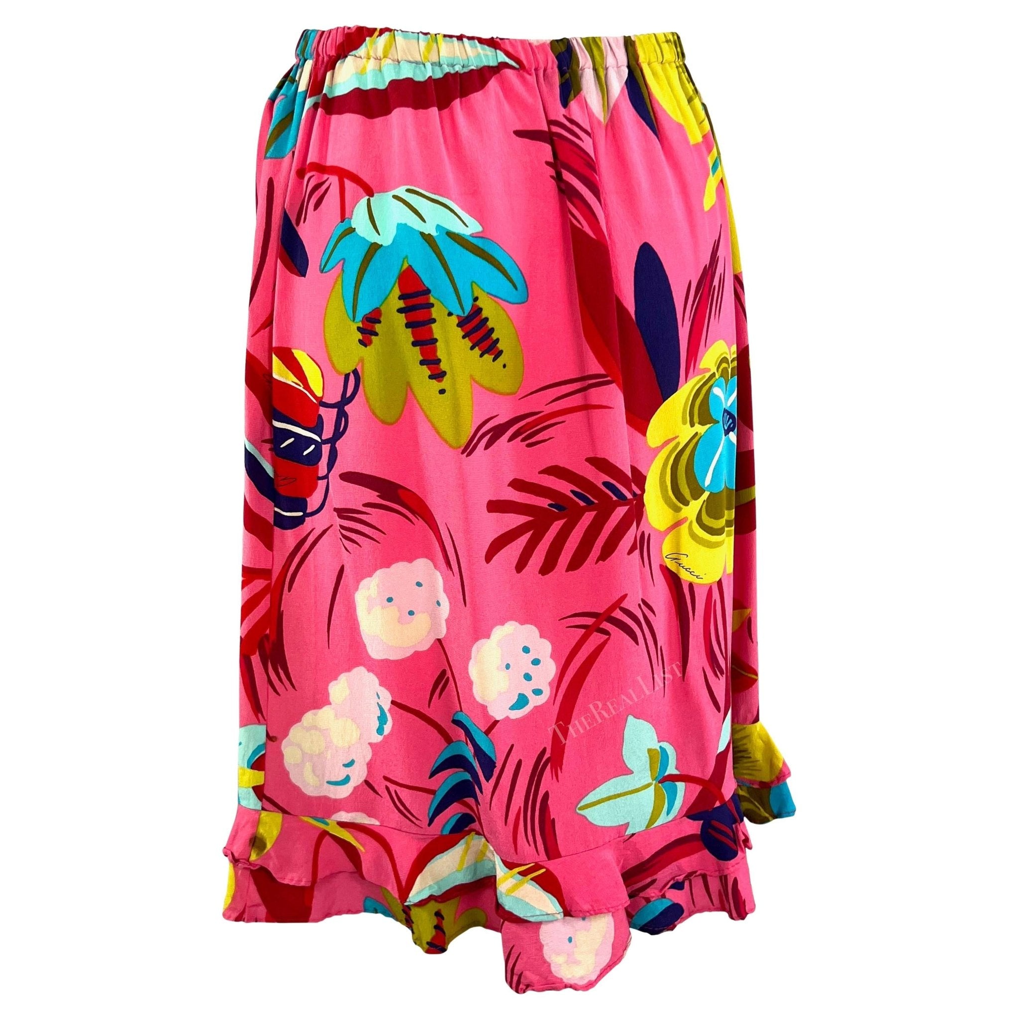 S/S 1999 Gucci by Tom Ford Vegas Hippy Runway Pink Silk Acid Floral Ruffle Skirt - RealList