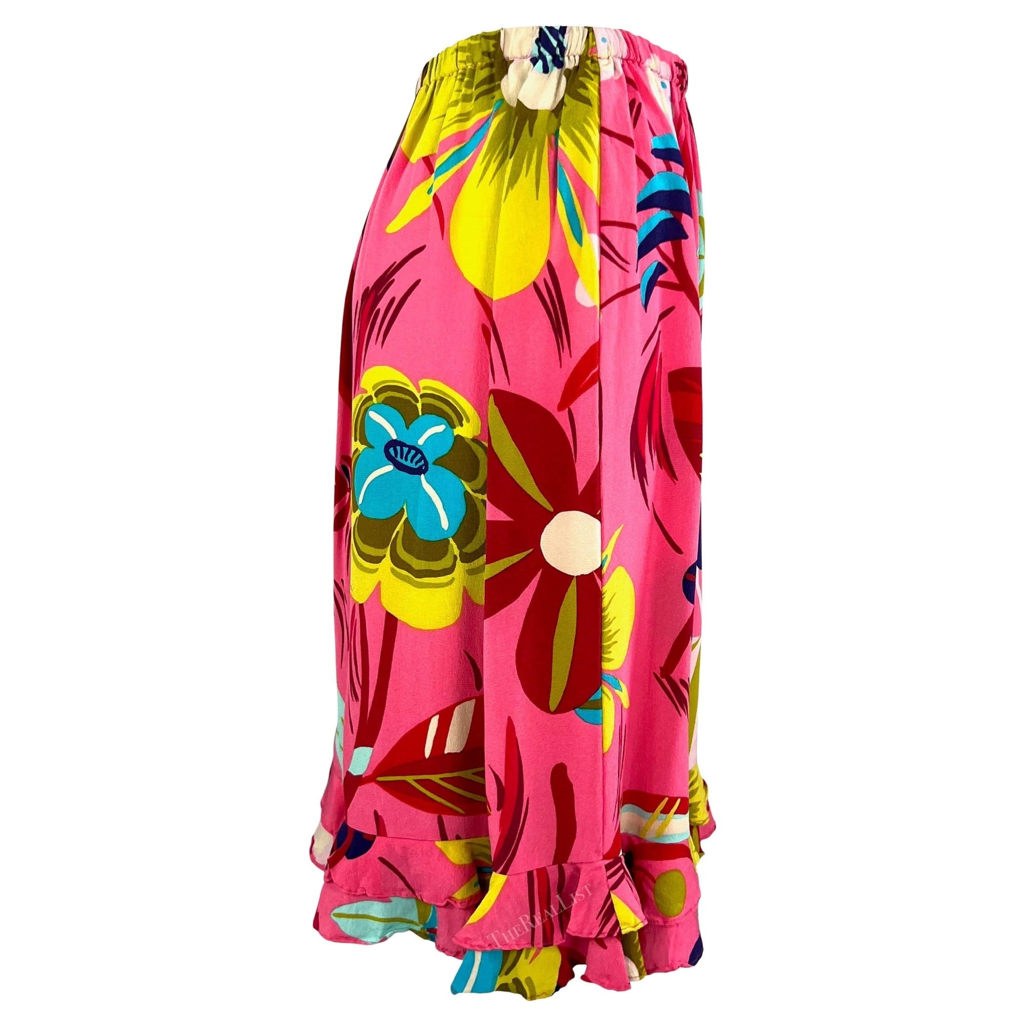 S/S 1999 Gucci by Tom Ford Vegas Hippy Runway Pink Silk Acid Floral Ruffle Skirt - RealList