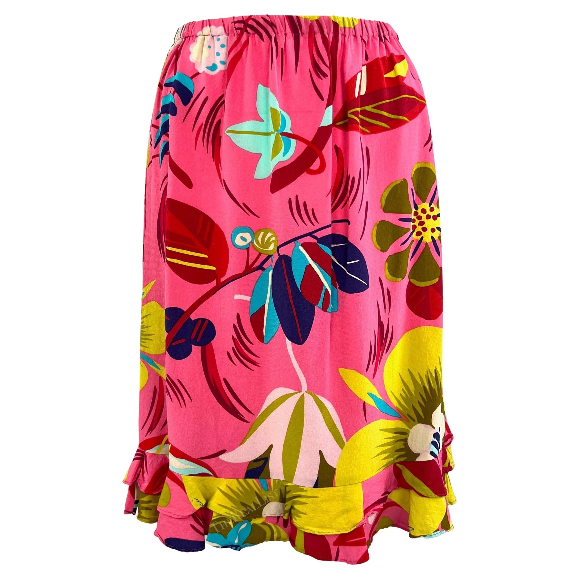 S/S 1999 Gucci by Tom Ford Vegas Hippy Runway Pink Silk Acid Floral Ruffle Skirt - RealList