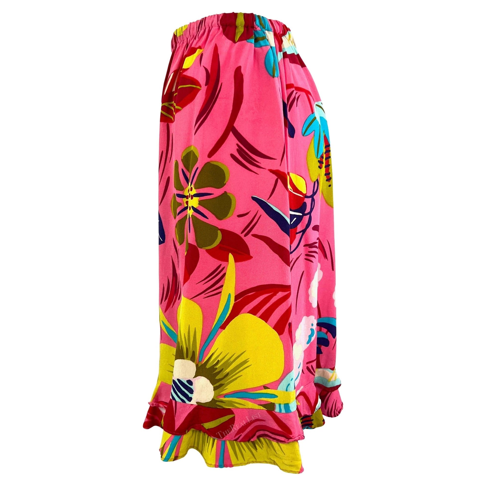 S/S 1999 Gucci by Tom Ford Vegas Hippy Runway Pink Silk Acid Floral Ruffle Skirt - RealList