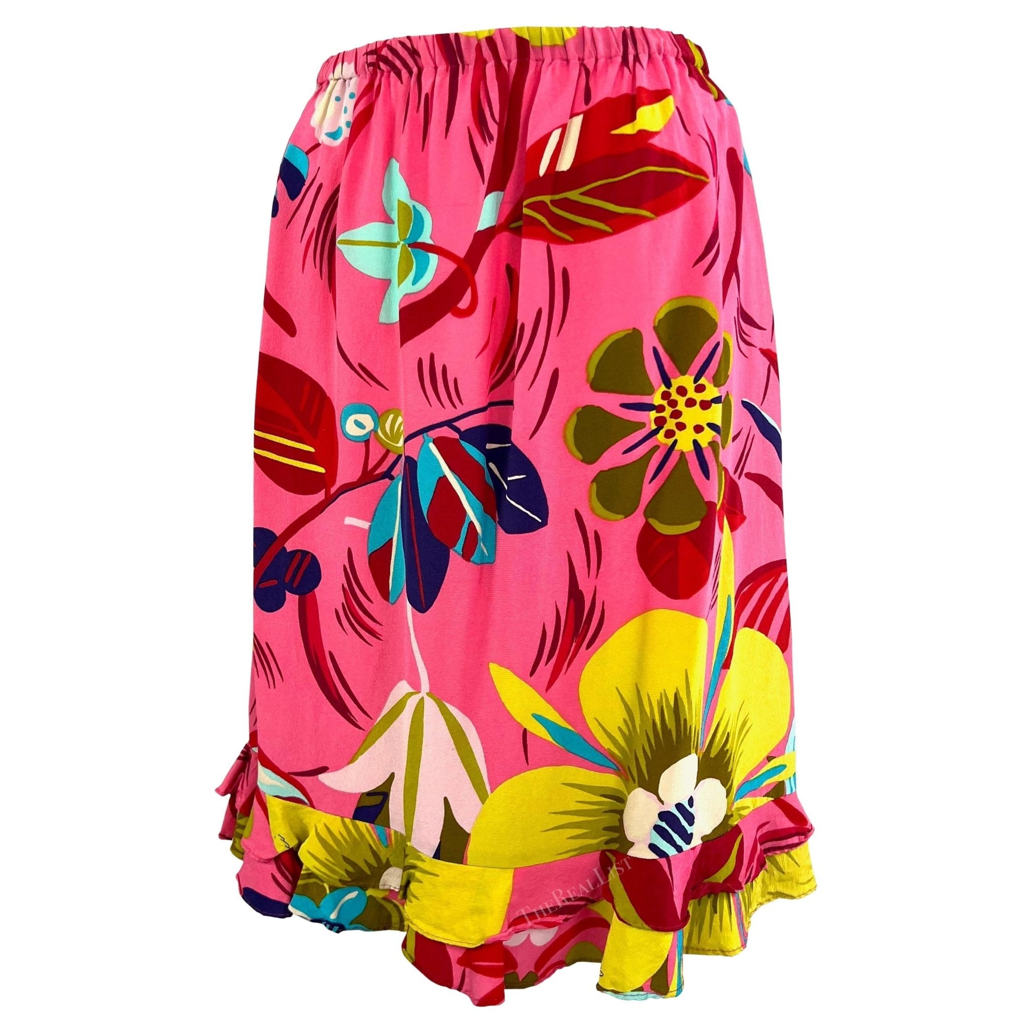 S/S 1999 Gucci by Tom Ford Vegas Hippy Runway Pink Silk Acid Floral Ruffle Skirt - RealList