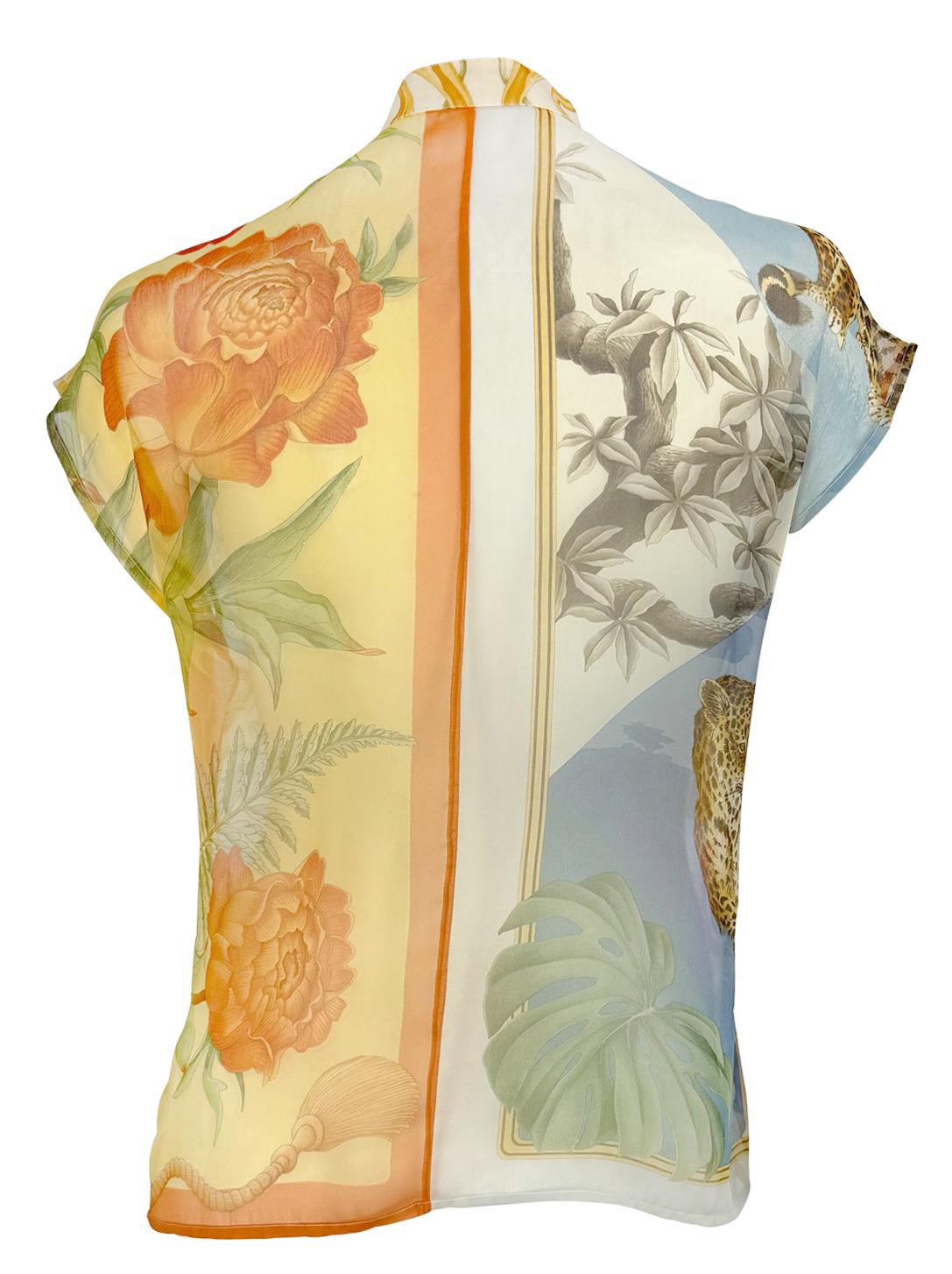 S/S 1999 Salvatore Ferragamo Runway Ad Multicolor Sheer Silk Floral Blouse - RealList