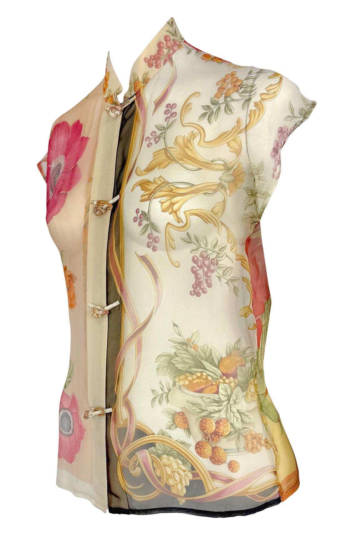 S/S 1999 Salvatore Ferragamo Runway Ad Multicolor Sheer Silk Floral Blouse - RealList