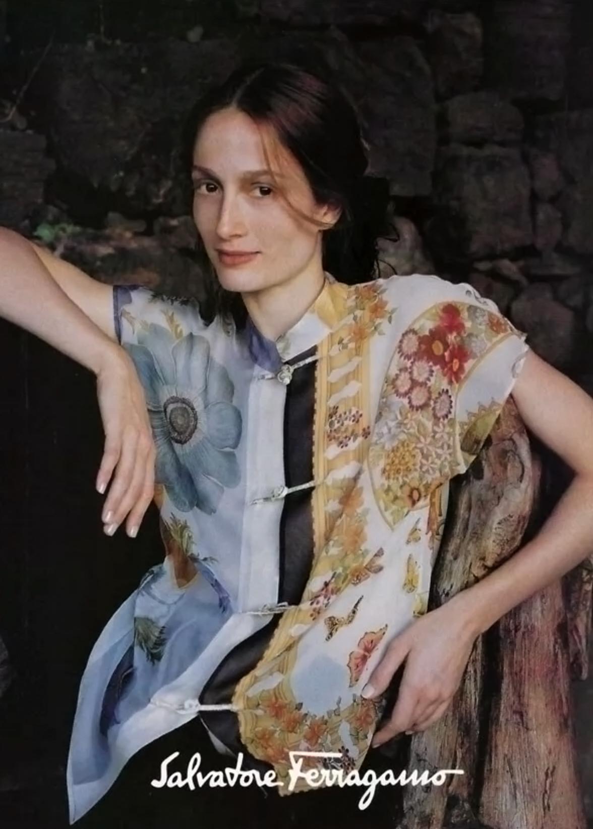 S/S 1999 Salvatore Ferragamo Runway Ad Multicolor Sheer Silk Floral Blouse - RealList