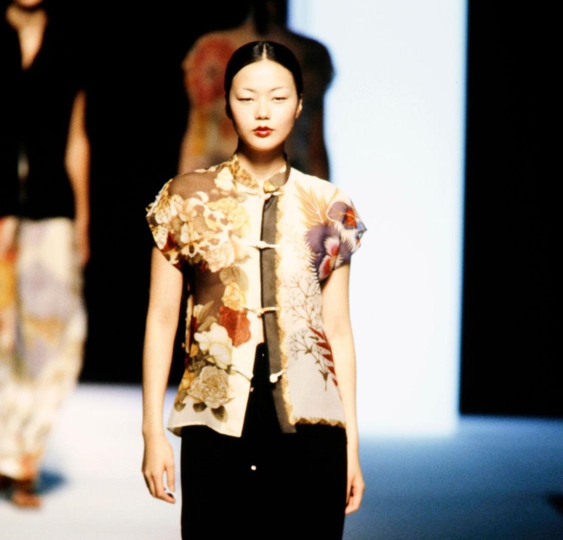 S/S 1999 Salvatore Ferragamo Runway Ad Multicolor Sheer Silk Floral Blouse - RealList