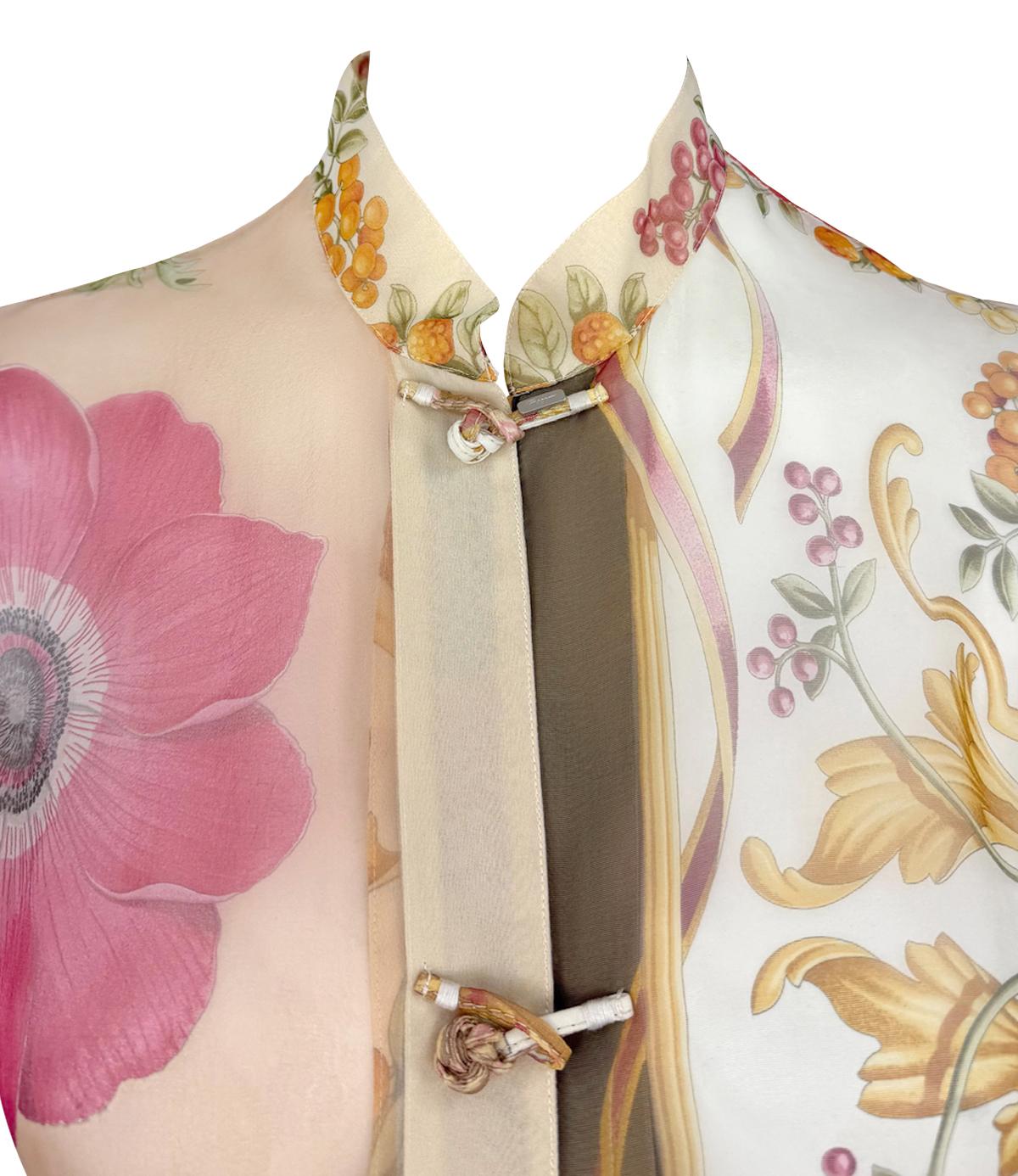 S/S 1999 Salvatore Ferragamo Runway Ad Multicolor Sheer Silk Floral Blouse - RealList