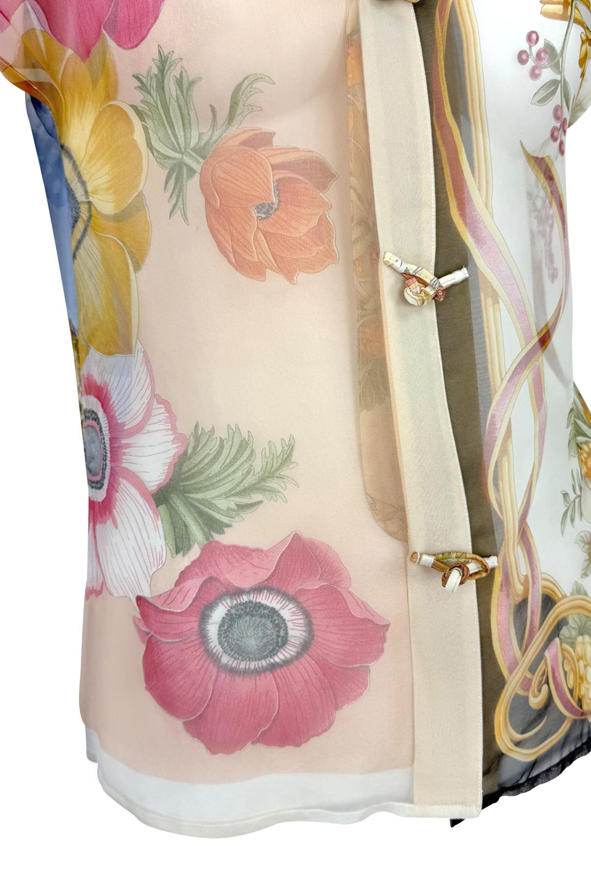 S/S 1999 Salvatore Ferragamo Runway Ad Multicolor Sheer Silk Floral Blouse - RealList