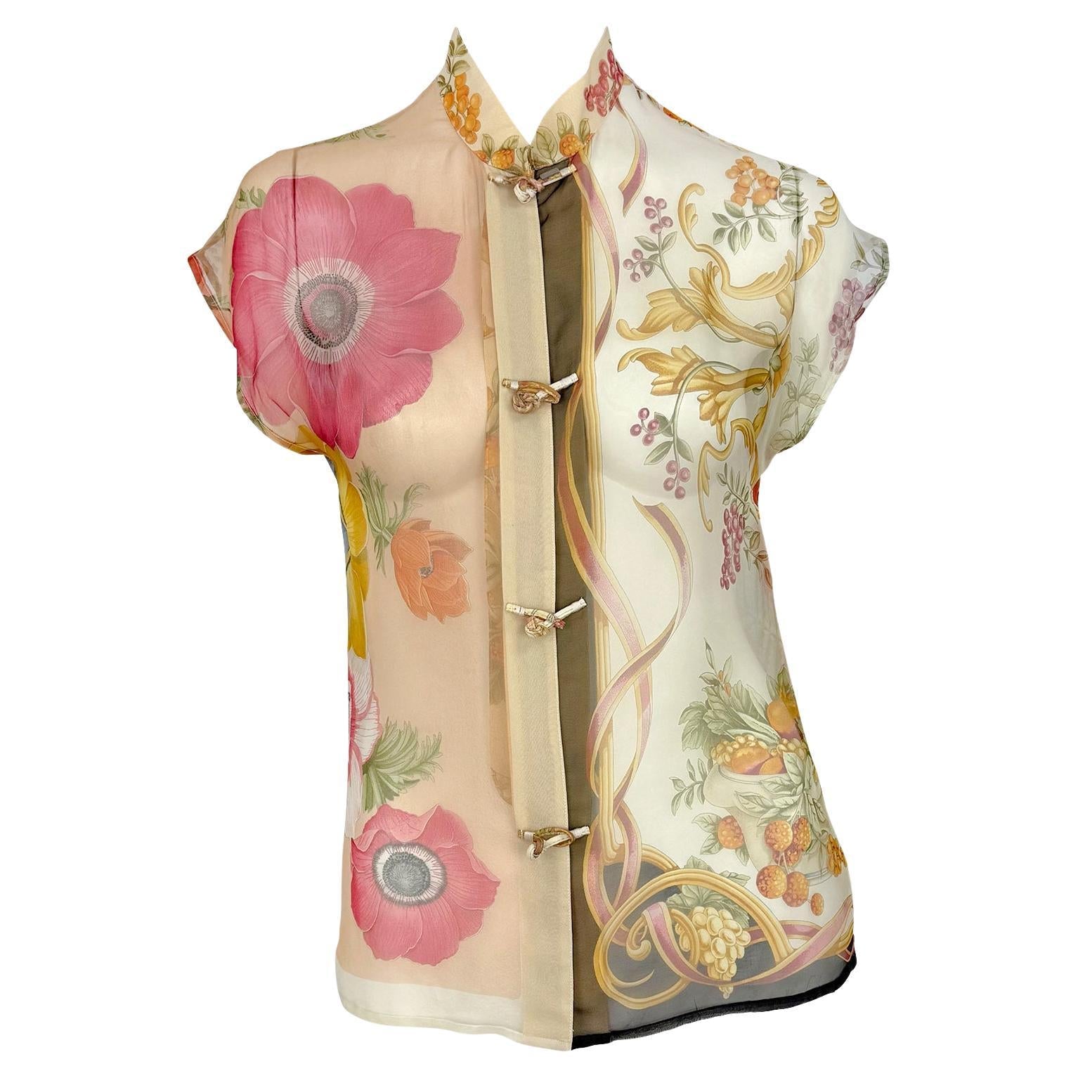 S/S 1999 Salvatore Ferragamo Runway Ad Multicolor Sheer Silk Floral Blouse - RealList
