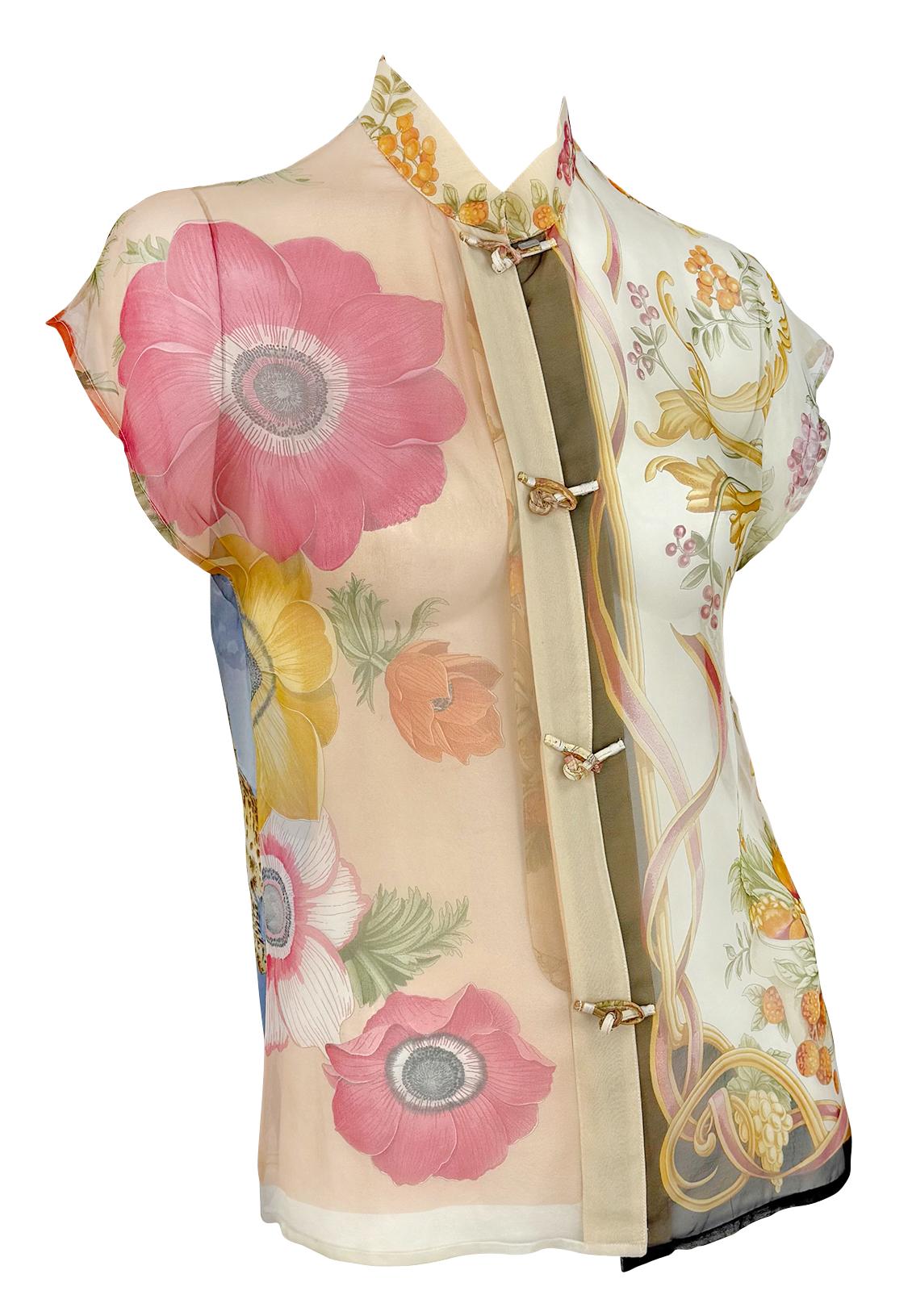 S/S 1999 Salvatore Ferragamo Runway Ad Multicolor Sheer Silk Floral Blouse - RealList