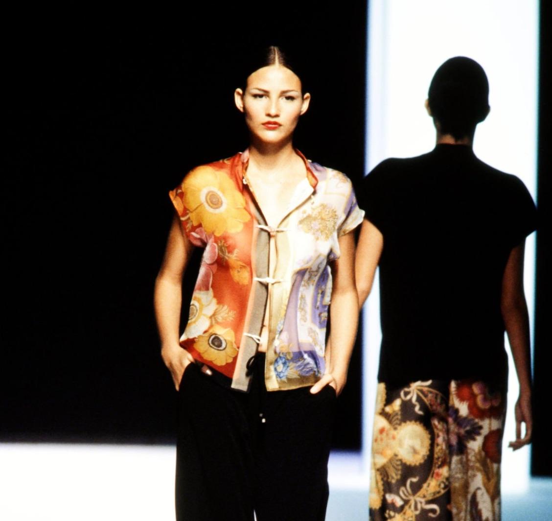 S/S 1999 Salvatore Ferragamo Runway Ad Multicolor Sheer Silk Floral Blouse - RealList
