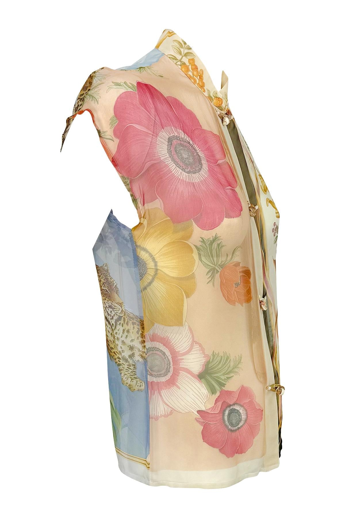 S/S 1999 Salvatore Ferragamo Runway Ad Multicolor Sheer Silk Floral Blouse - RealList