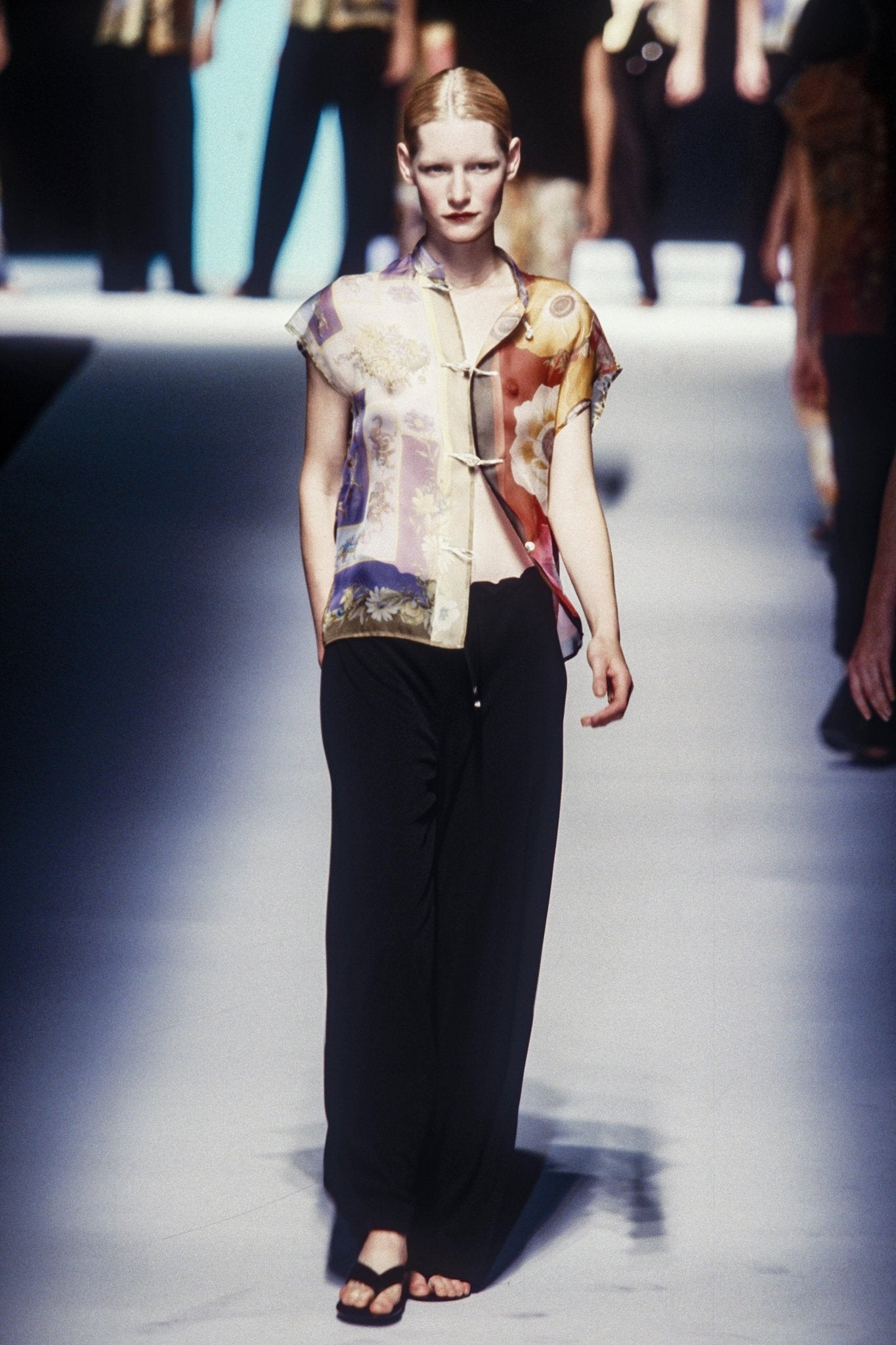 S/S 1999 Salvatore Ferragamo Runway Ad Multicolor Sheer Silk Floral Blouse - RealList