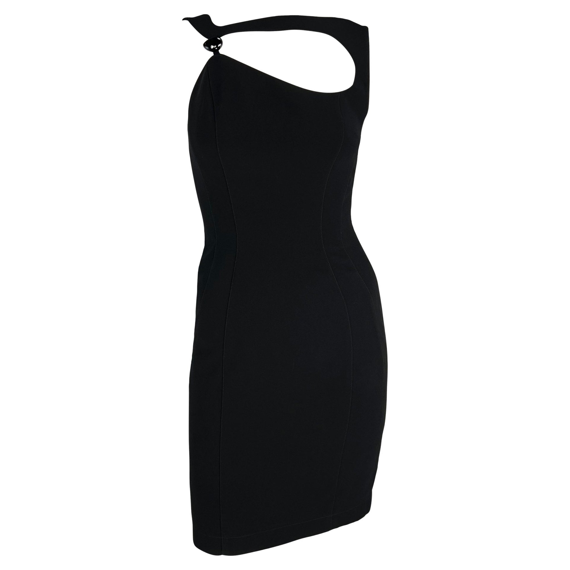 S/S 1999 Thierry Mugler Runway Asymmetric Brooch Detail Black Pencil Dress - RealList