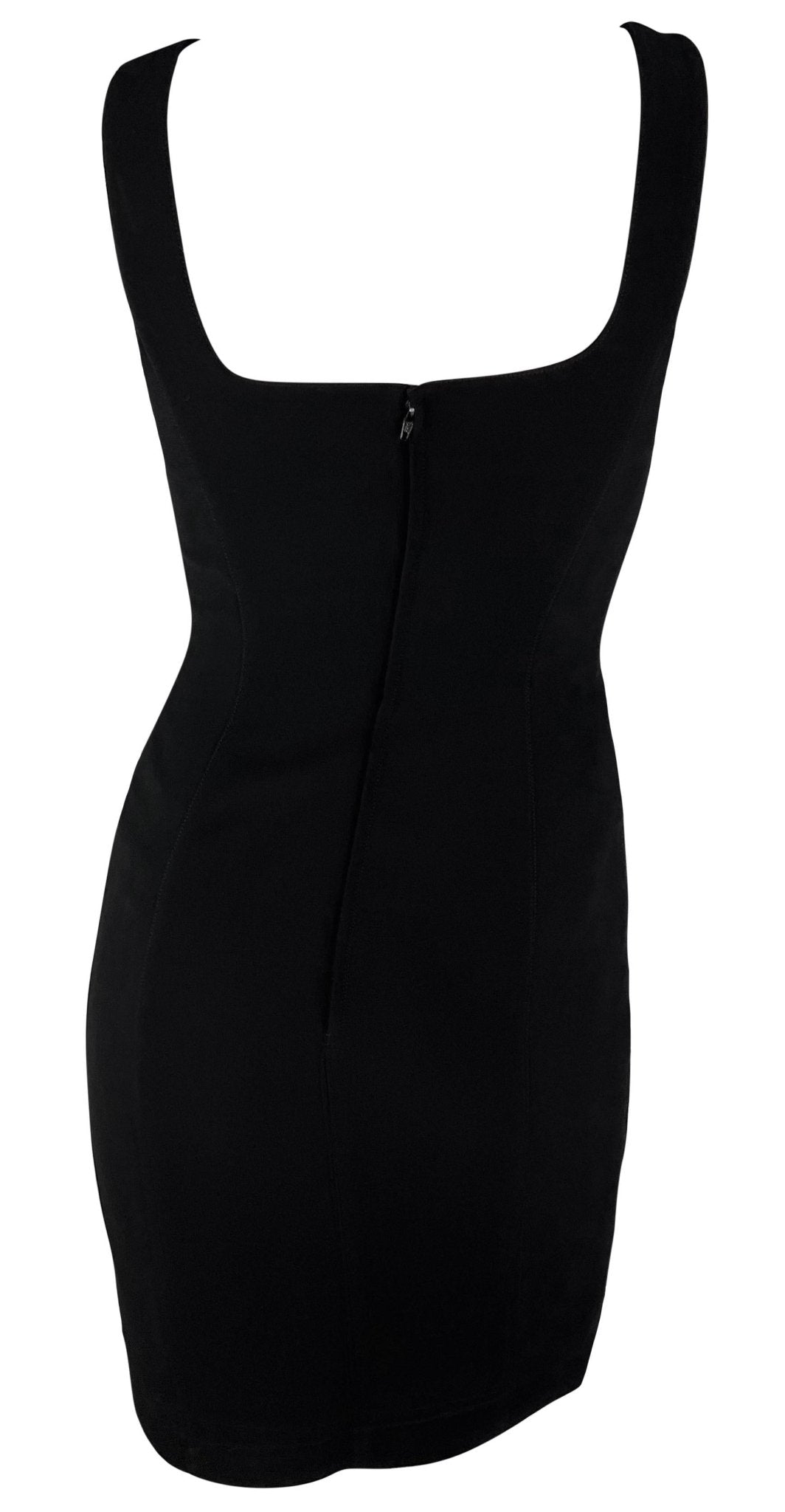 S/S 1999 Thierry Mugler Runway Asymmetric Brooch Detail Black Pencil Dress - RealList