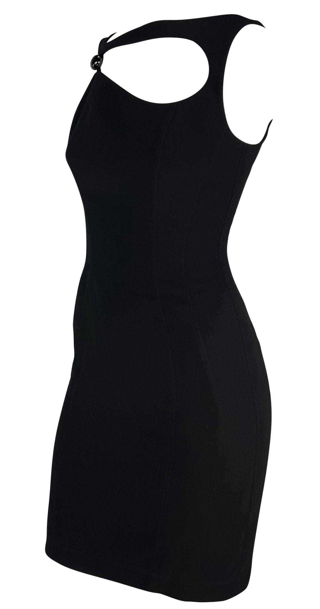 S/S 1999 Thierry Mugler Runway Asymmetric Brooch Detail Black Pencil Dress - RealList