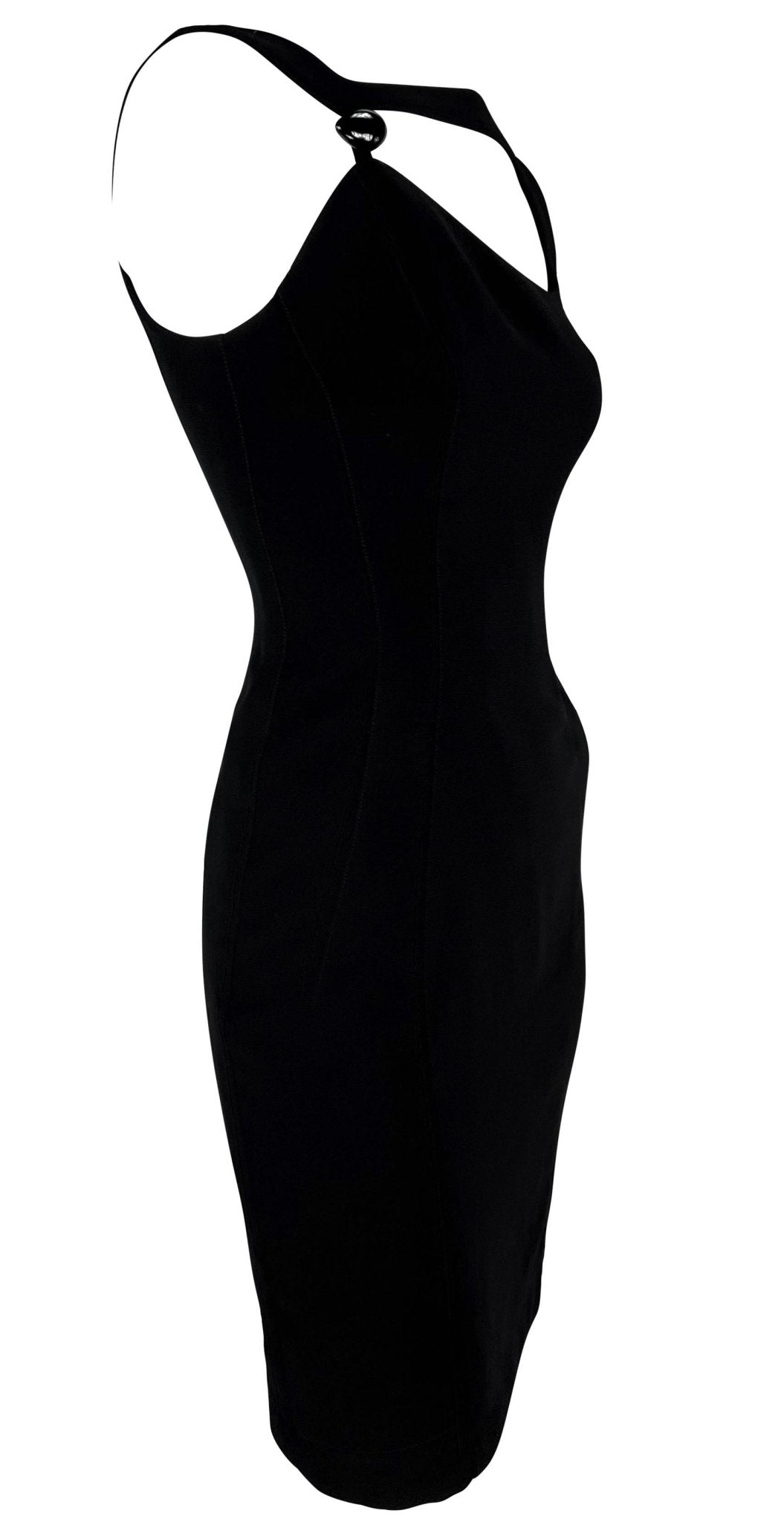 S/S 1999 Thierry Mugler Runway Asymmetric Brooch Detail Black Pencil Dress - RealList